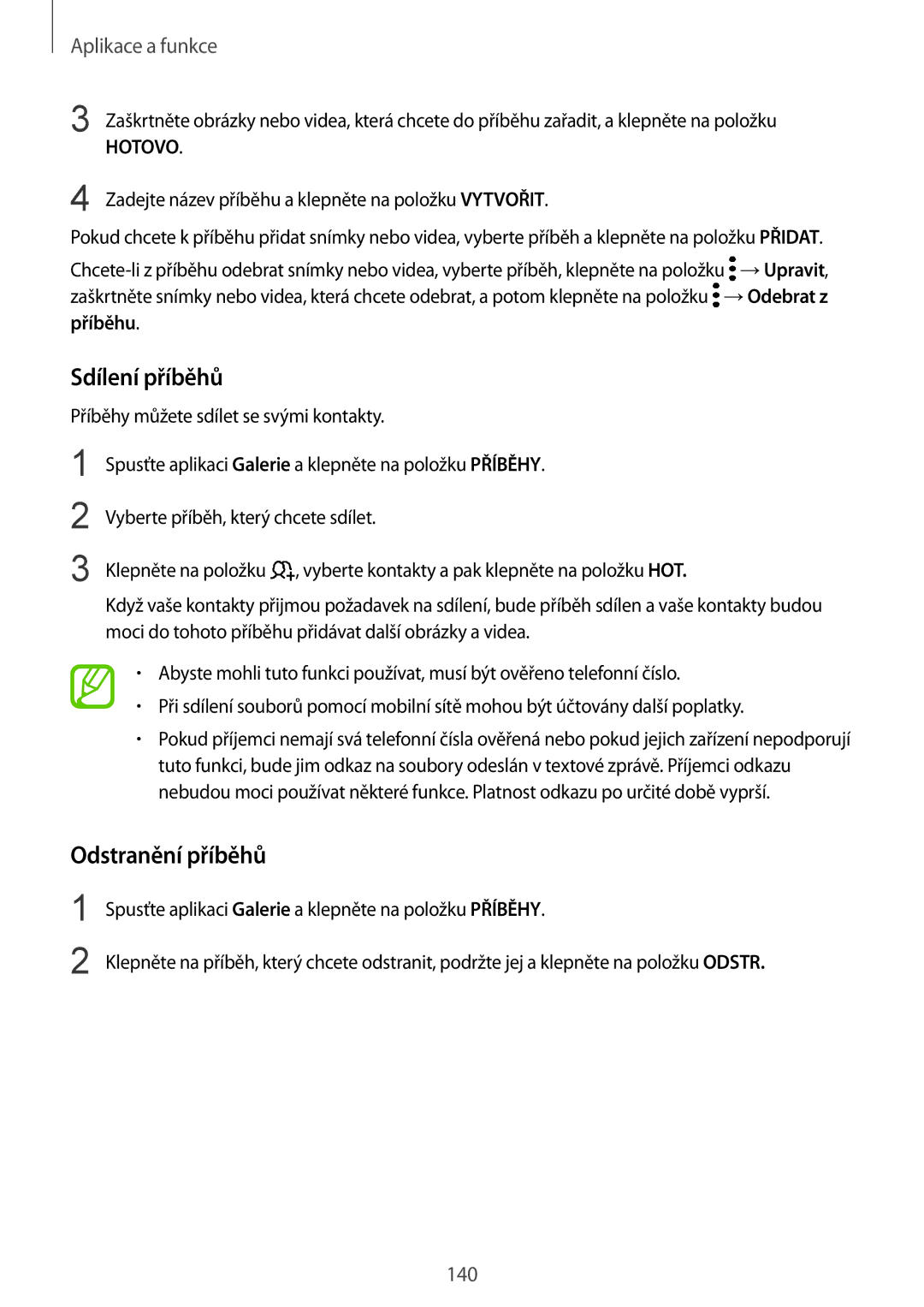 Samsung SM-N950FZKAO2C, SM-N950FZBDETL, SM-N950FZDDETL, SM-N950FZKDETL manual Sdílení příběhů, Odstranění příběhů 