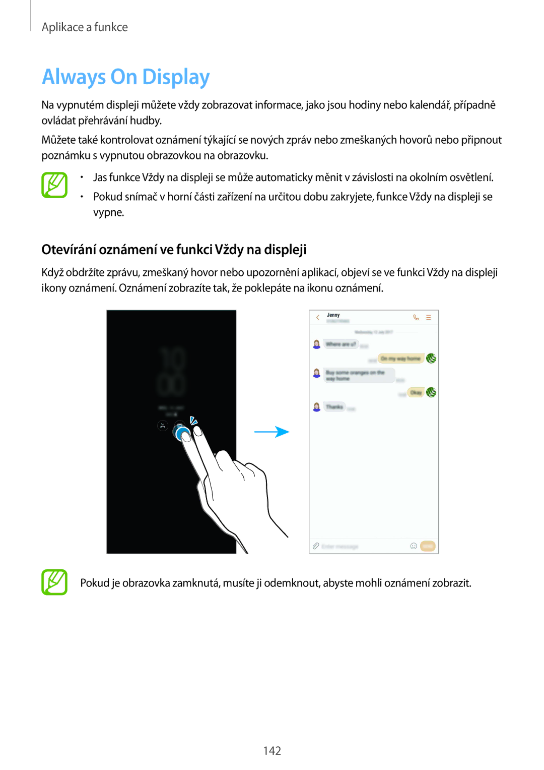 Samsung SM-N950FZDDETL, SM-N950FZKAO2C, SM-N950FZBDETL Always On Display, Otevírání oznámení ve funkci Vždy na displeji 