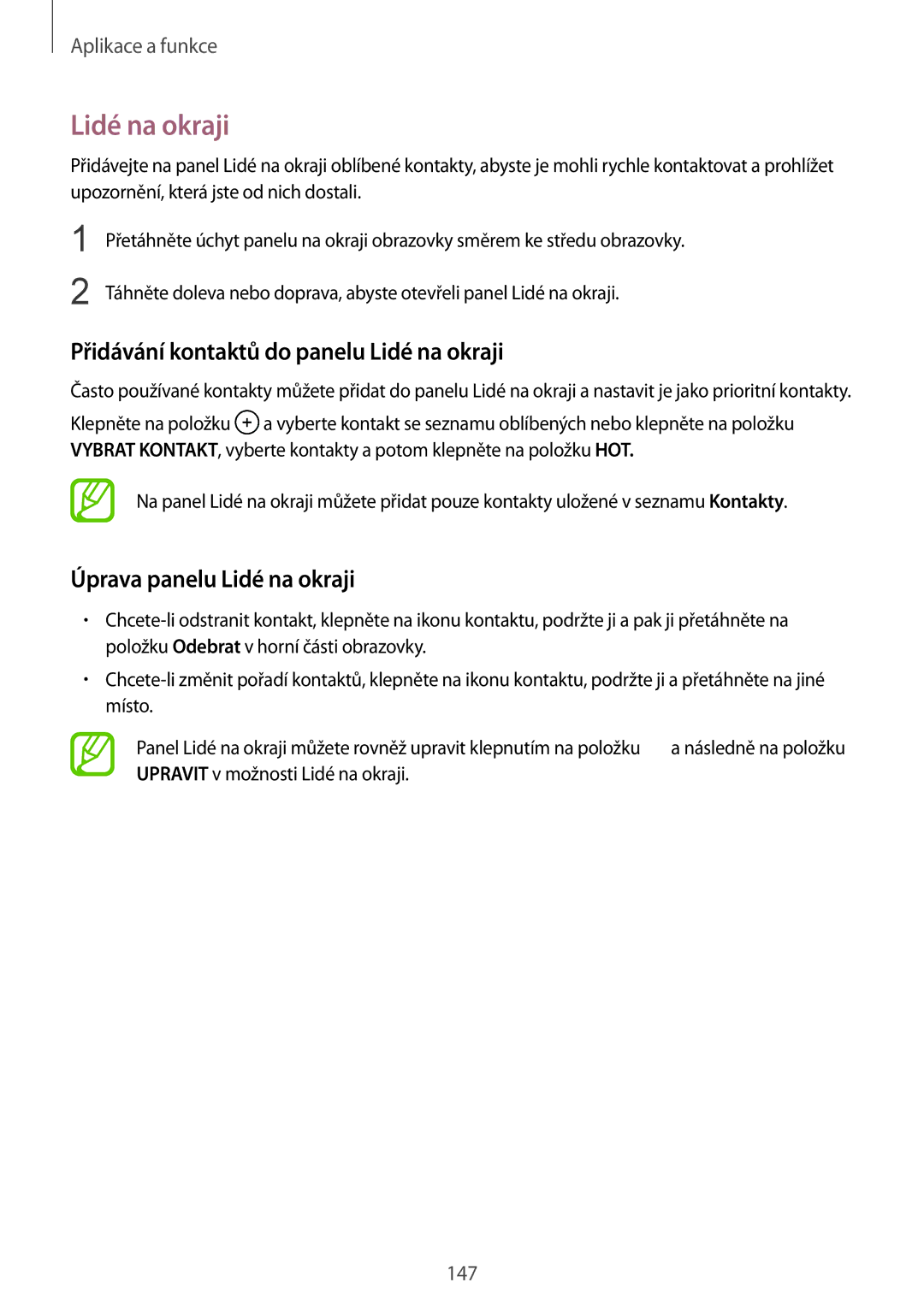 Samsung SM-N950FZKDETL, SM-N950FZKAO2C manual Přidávání kontaktů do panelu Lidé na okraji, Úprava panelu Lidé na okraji 