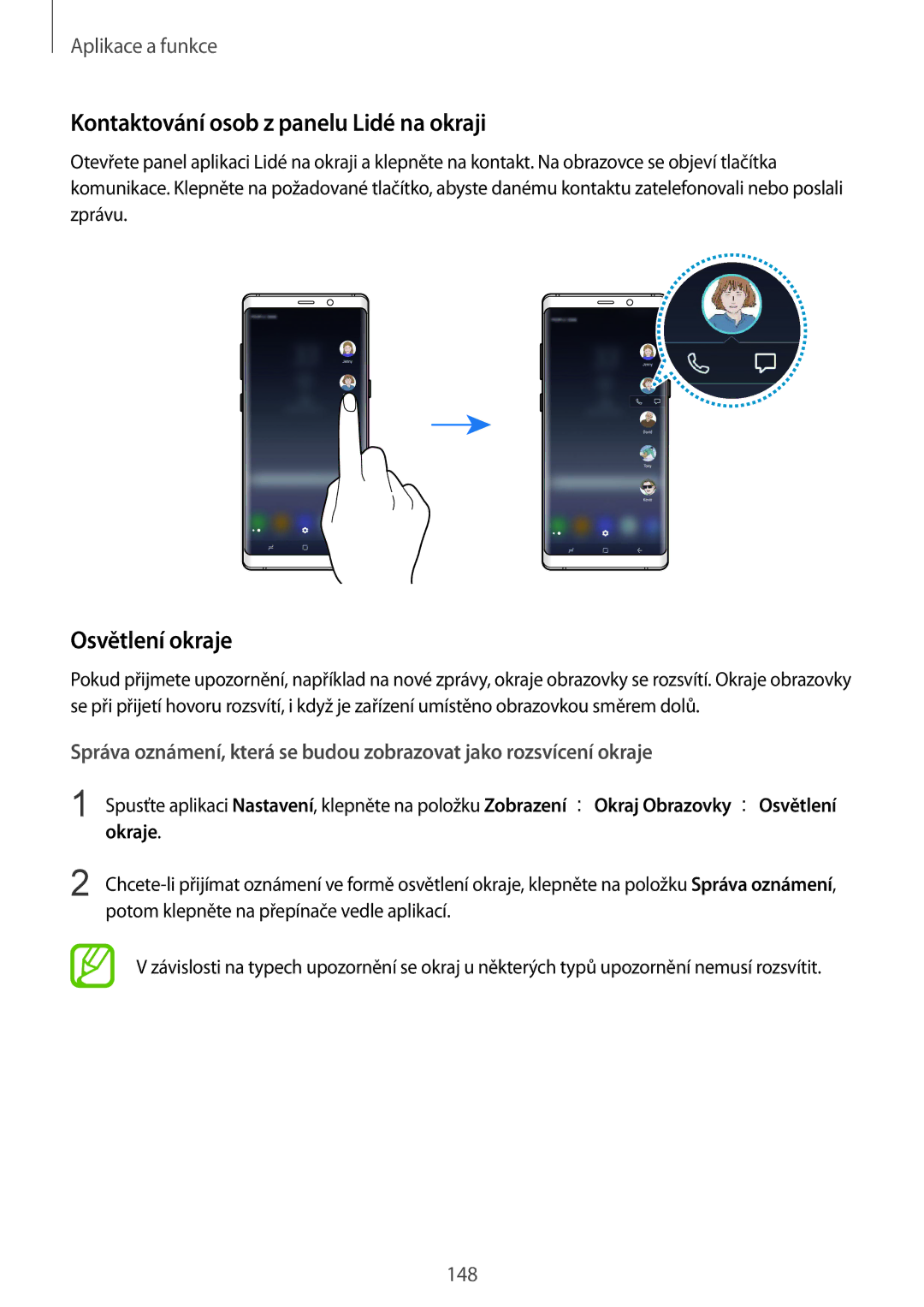 Samsung SM-N950FZKAO2C, SM-N950FZBDETL, SM-N950FZDDETL manual Kontaktování osob z panelu Lidé na okraji, Osvětlení okraje 