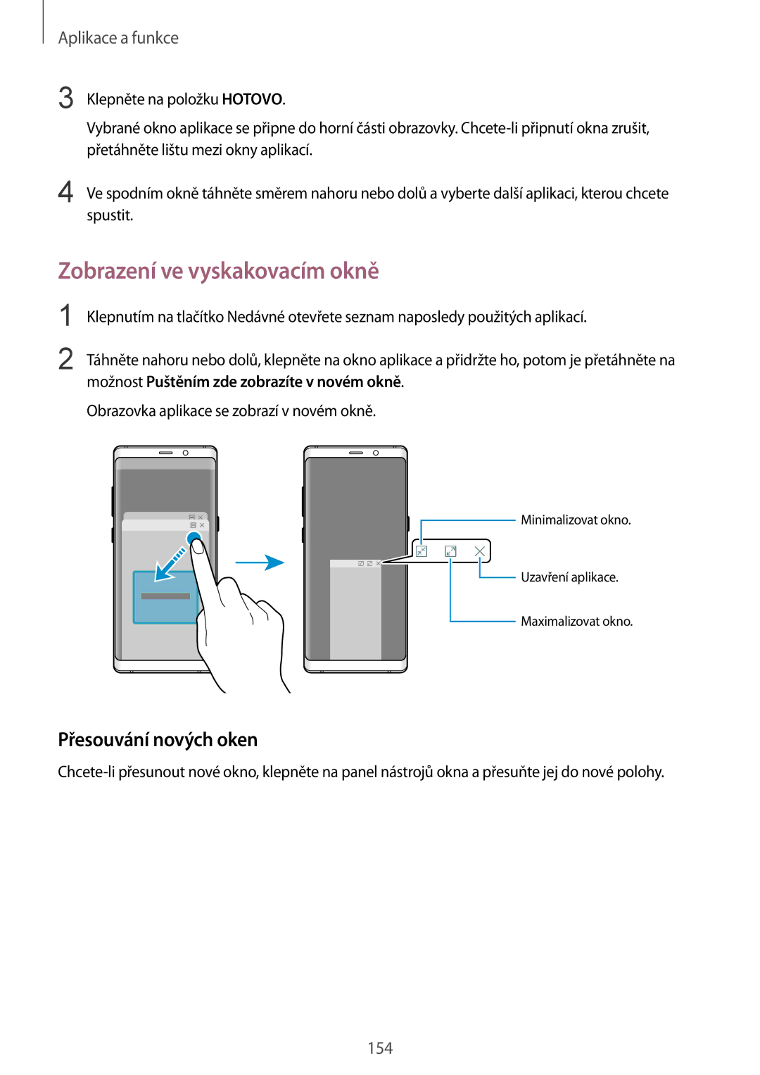 Samsung SM-N950FZDDETL, SM-N950FZKAO2C, SM-N950FZBDETL manual Zobrazení ve vyskakovacím okně, Přesouvání nových oken 