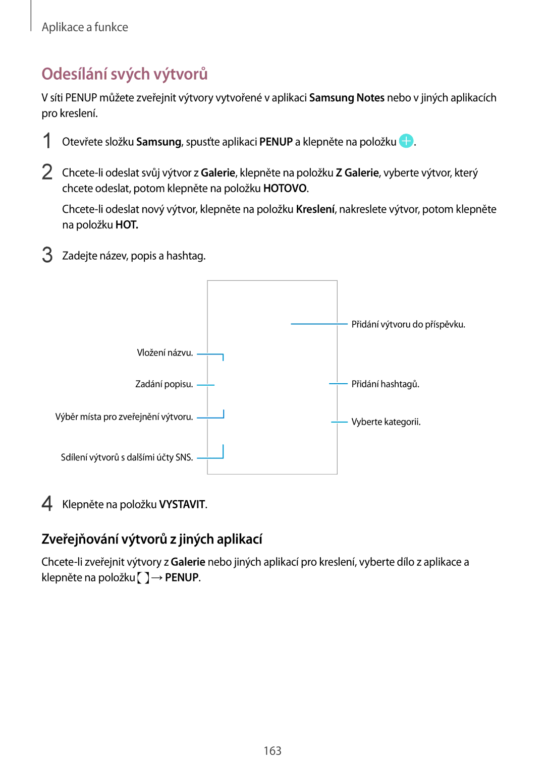 Samsung SM-N950FZKDETL, SM-N950FZKAO2C, SM-N950FZBDETL manual Odesílání svých výtvorů, Zveřejňování výtvorů z jiných aplikací 