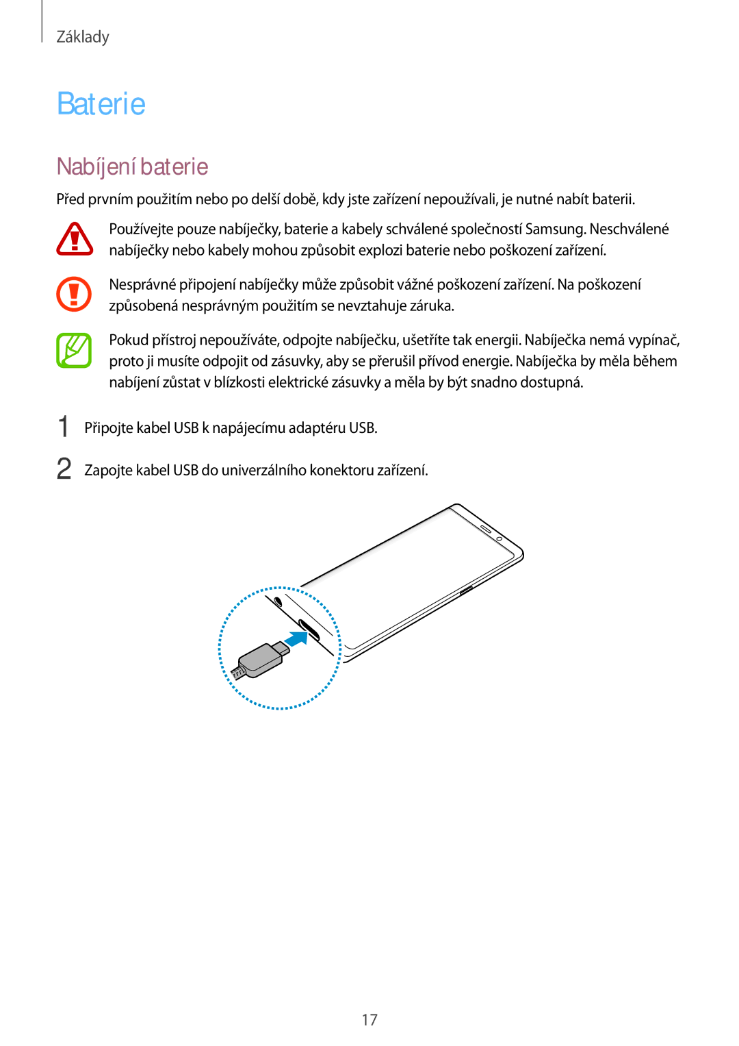 Samsung SM-N950FZBDETL, SM-N950FZKAO2C, SM-N950FZDDETL, SM-N950FZKDETL manual Baterie, Nabíjení baterie 