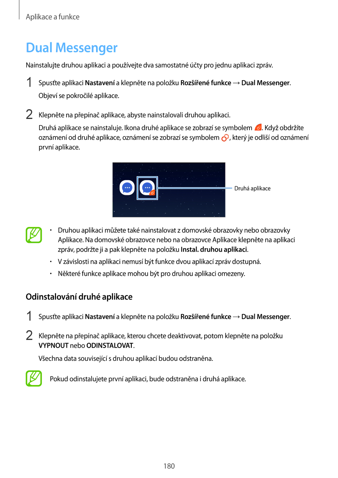 Samsung SM-N950FZKAO2C, SM-N950FZBDETL, SM-N950FZDDETL, SM-N950FZKDETL manual Dual Messenger, Odinstalování druhé aplikace 