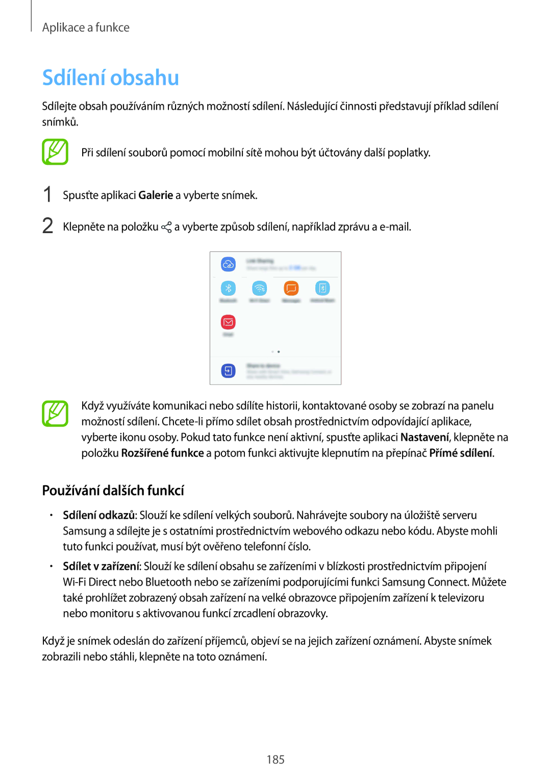 Samsung SM-N950FZBDETL, SM-N950FZKAO2C, SM-N950FZDDETL, SM-N950FZKDETL manual Sdílení obsahu, Používání dalších funkcí 