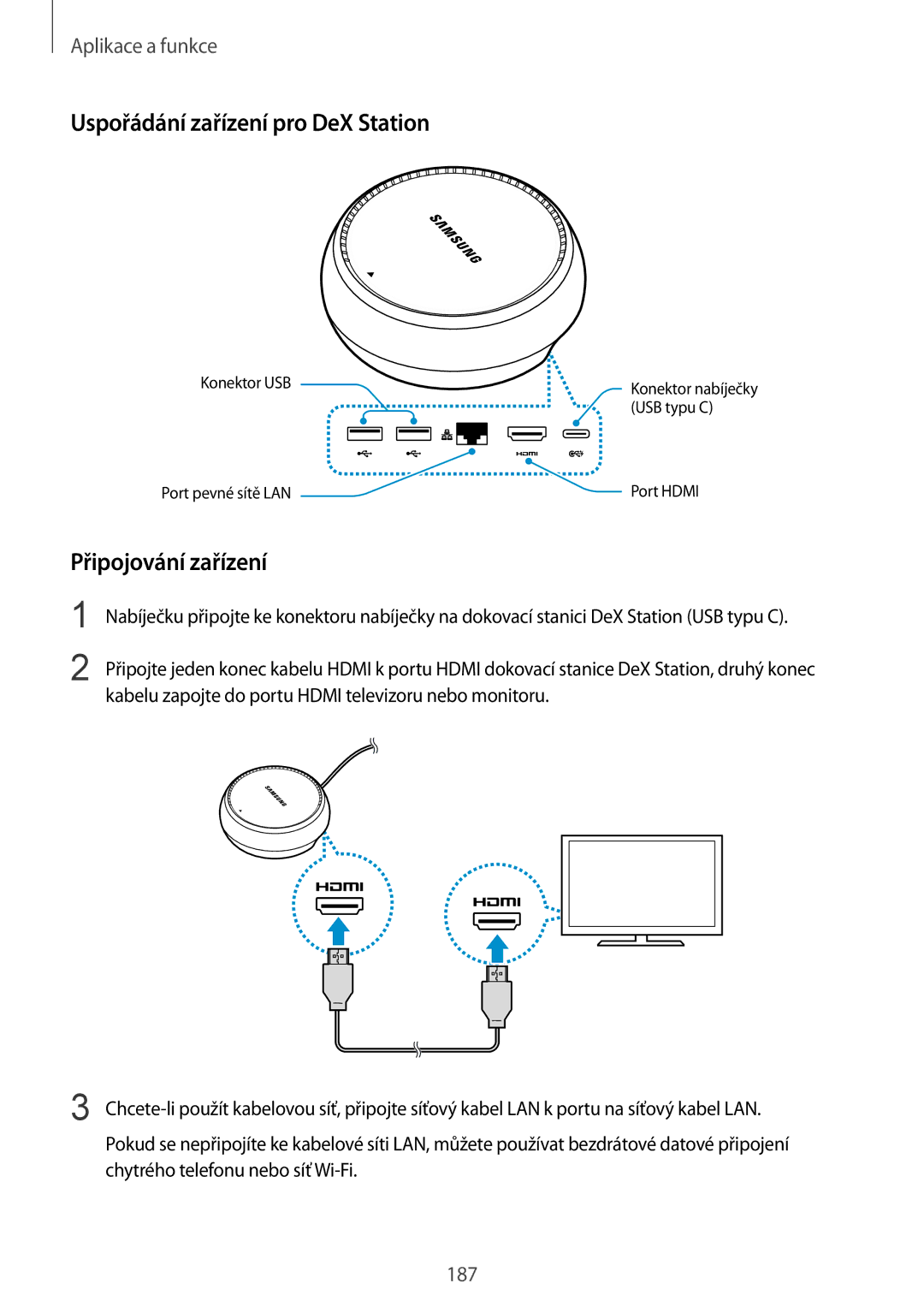 Samsung SM-N950FZKDETL, SM-N950FZKAO2C, SM-N950FZBDETL manual Uspořádání zařízení pro DeX Station, Připojování zařízení 
