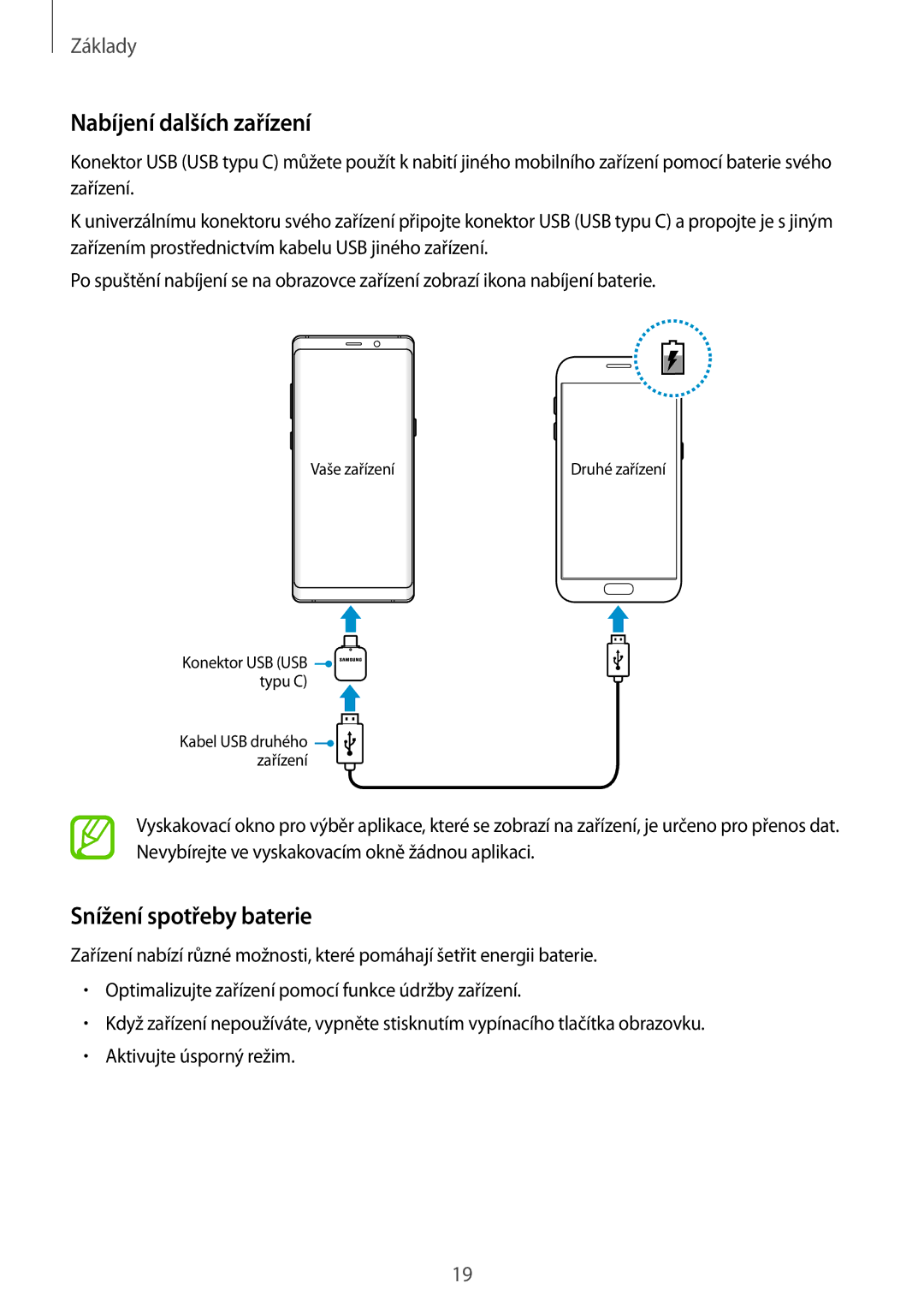 Samsung SM-N950FZKDETL, SM-N950FZKAO2C, SM-N950FZBDETL, SM-N950FZDDETL Nabíjení dalších zařízení, Snížení spotřeby baterie 
