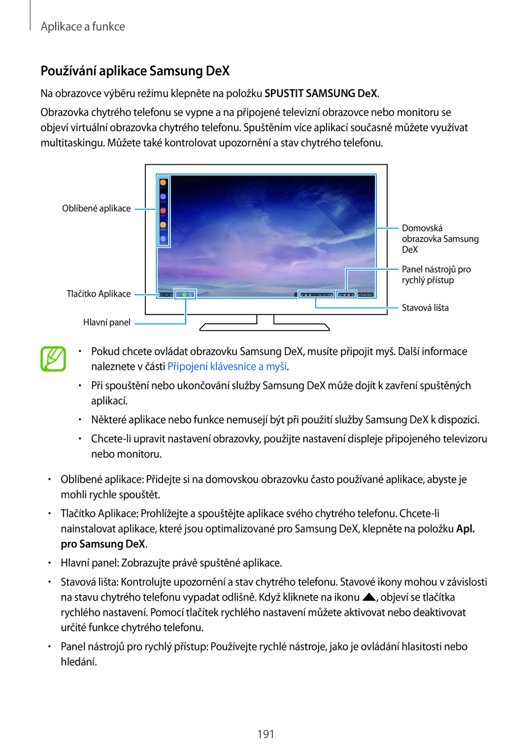 Samsung SM-N950FZKDETL, SM-N950FZKAO2C manual Používání aplikace Samsung DeX, Naleznete v části Připojení klávesnice a myši 