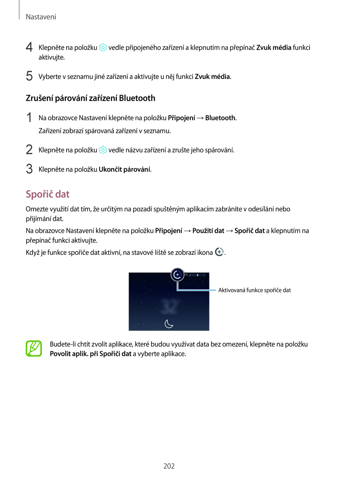 Samsung SM-N950FZDDETL, SM-N950FZKAO2C, SM-N950FZBDETL, SM-N950FZKDETL manual Spořič dat, Zrušení párování zařízení Bluetooth 