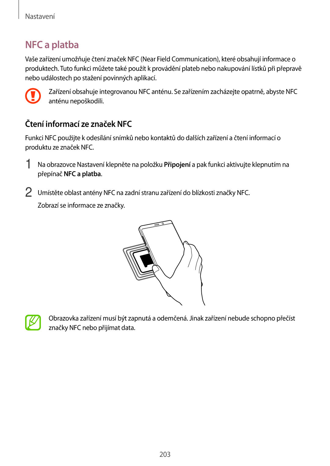 Samsung SM-N950FZKDETL, SM-N950FZKAO2C, SM-N950FZBDETL manual Čtení informací ze značek NFC, Přepínač NFC a platba 