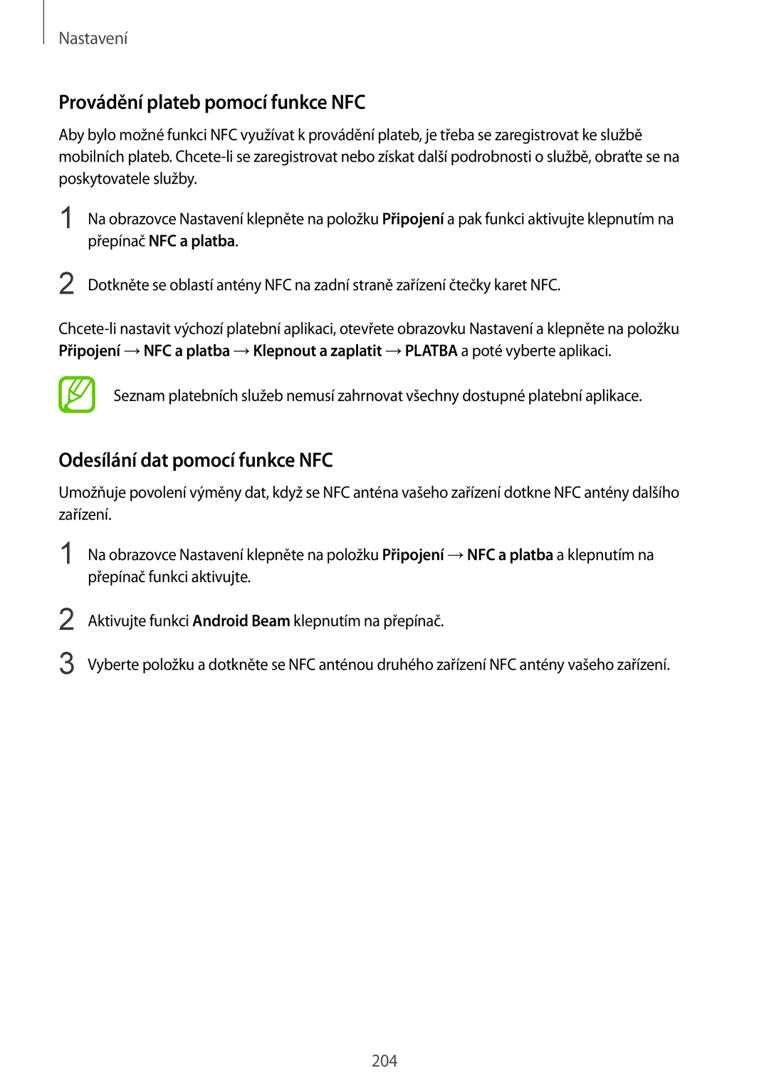 Samsung SM-N950FZKAO2C, SM-N950FZBDETL, SM-N950FZDDETL Provádění plateb pomocí funkce NFC, Odesílání dat pomocí funkce NFC 