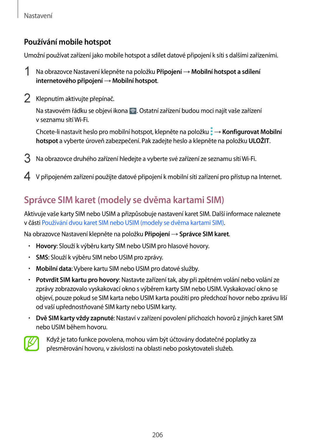 Samsung SM-N950FZDDETL, SM-N950FZKAO2C manual Správce SIM karet modely se dvěma kartami SIM, Používání mobile hotspot 