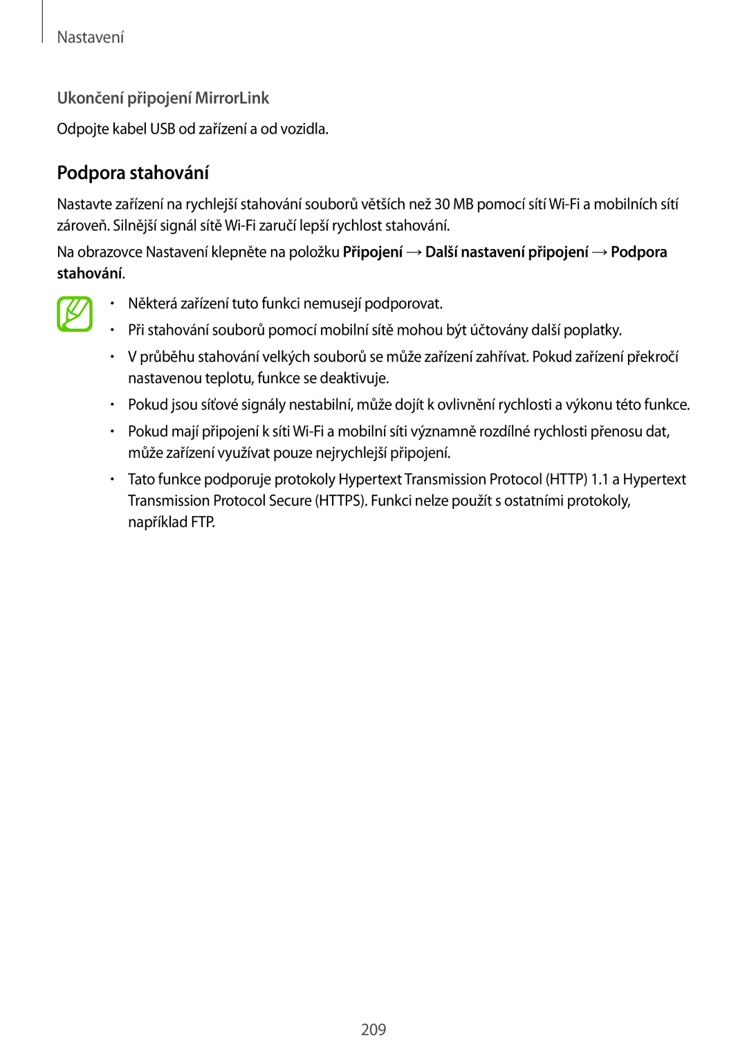 Samsung SM-N950FZBDETL, SM-N950FZKAO2C, SM-N950FZDDETL, SM-N950FZKDETL manual Podpora stahování, Ukončení připojení MirrorLink 