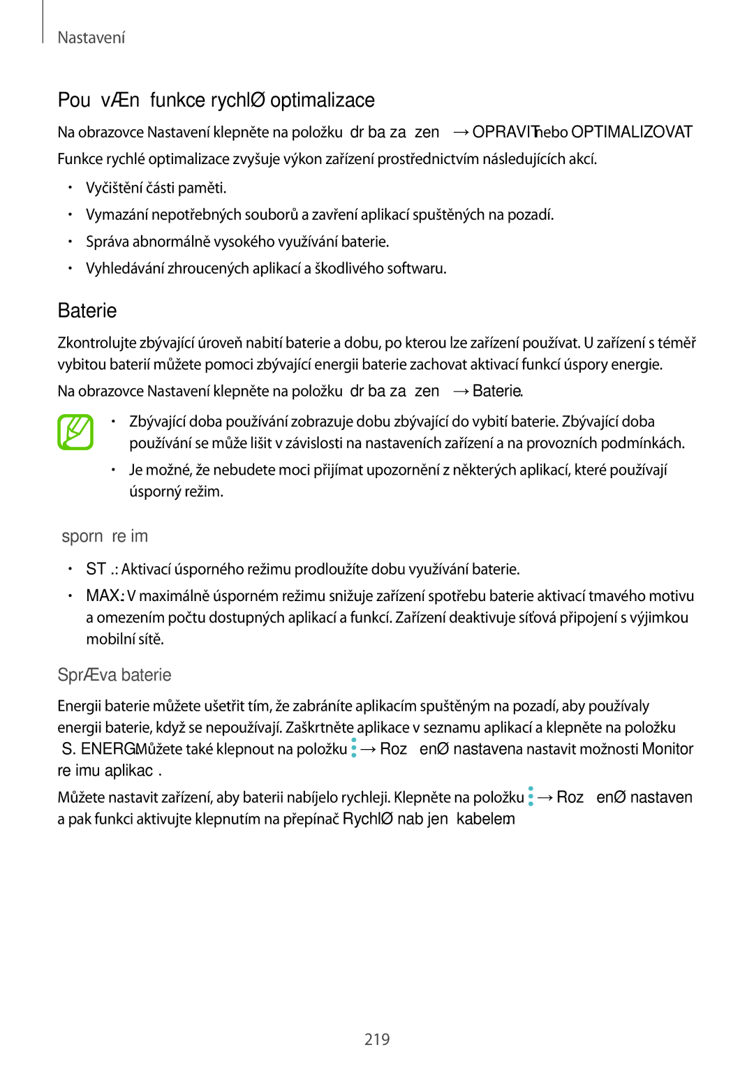 Samsung SM-N950FZKDETL, SM-N950FZKAO2C manual Používání funkce rychlé optimalizace, Baterie, Úsporný režim, Správa baterie 