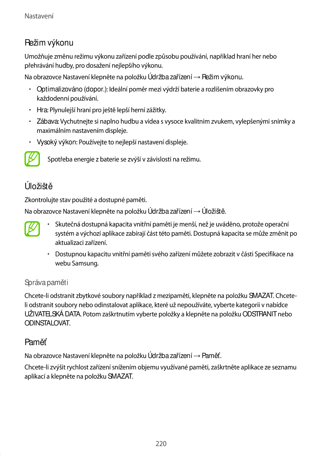 Samsung SM-N950FZKAO2C, SM-N950FZBDETL, SM-N950FZDDETL, SM-N950FZKDETL manual Režim výkonu, Úložiště, Paměť, Správa paměti 