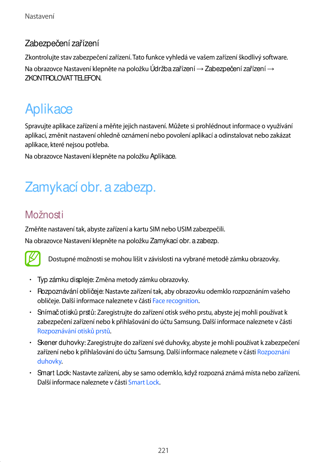 Samsung SM-N950FZBDETL, SM-N950FZKAO2C, SM-N950FZDDETL manual Aplikace, Zamykací obr. a zabezp, Zabezpečení zařízení 