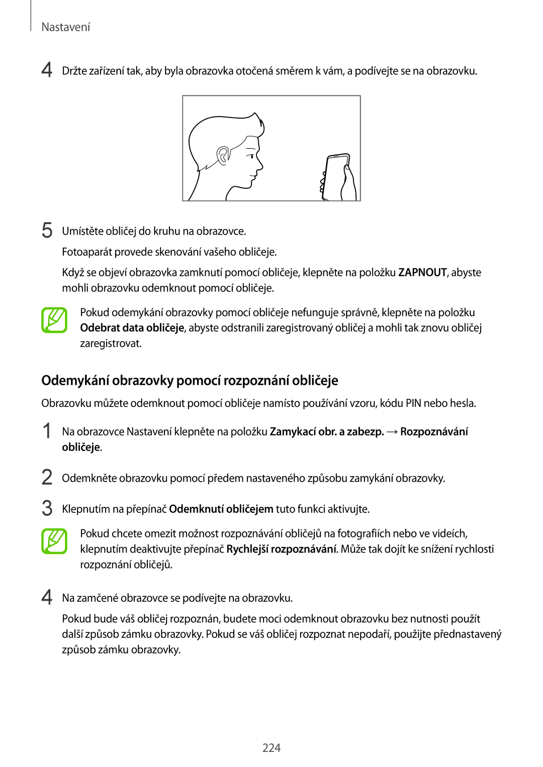 Samsung SM-N950FZKAO2C, SM-N950FZBDETL, SM-N950FZDDETL, SM-N950FZKDETL manual Odemykání obrazovky pomocí rozpoznání obličeje 