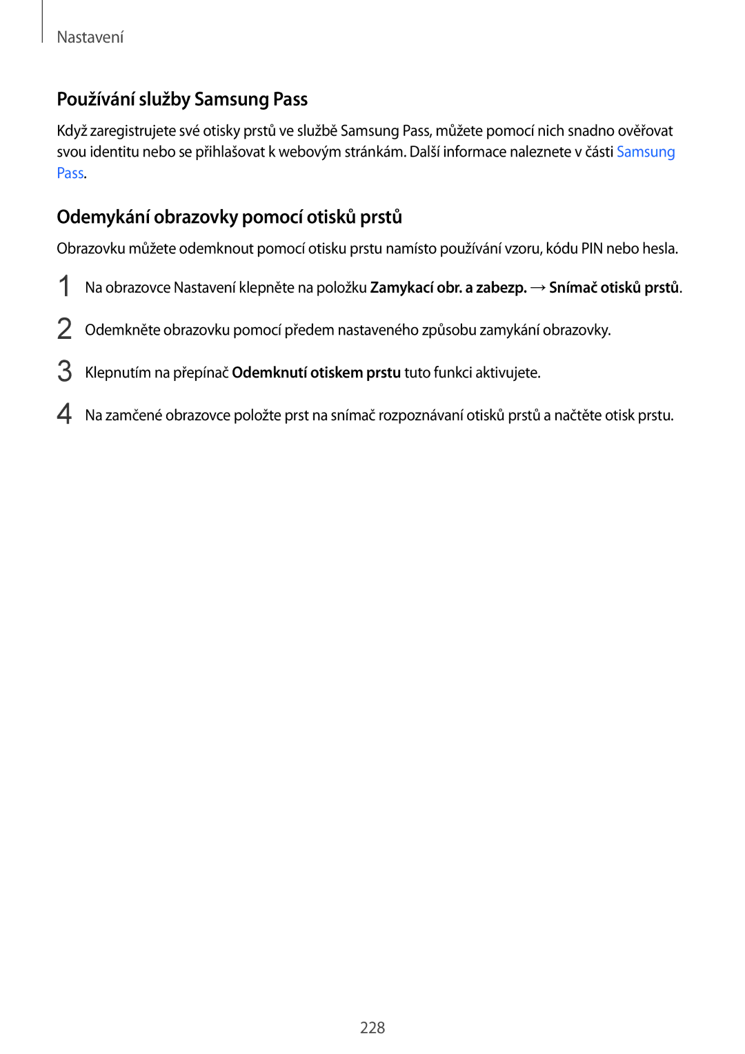 Samsung SM-N950FZKAO2C, SM-N950FZBDETL manual Používání služby Samsung Pass, Odemykání obrazovky pomocí otisků prstů 