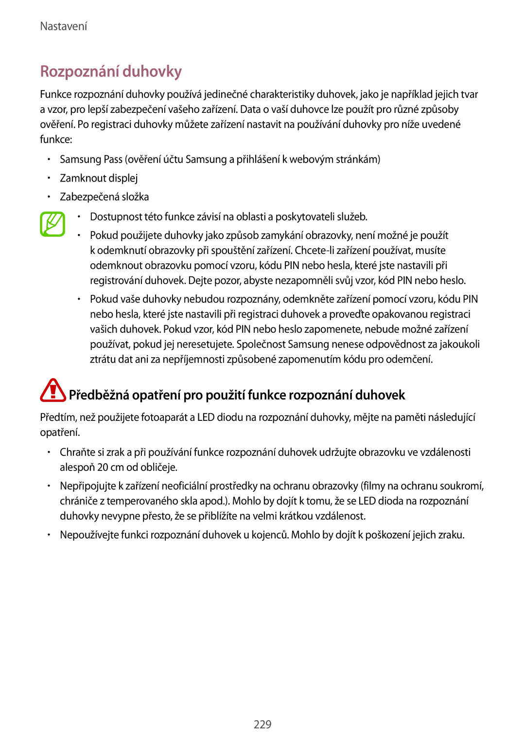 Samsung SM-N950FZBDETL, SM-N950FZKAO2C manual Rozpoznání duhovky, Předběžná opatření pro použití funkce rozpoznání duhovek 