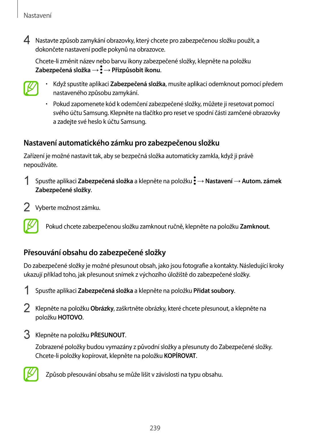 Samsung SM-N950FZKDETL Nastavení automatického zámku pro zabezpečenou složku, Přesouvání obsahu do zabezpečené složky 