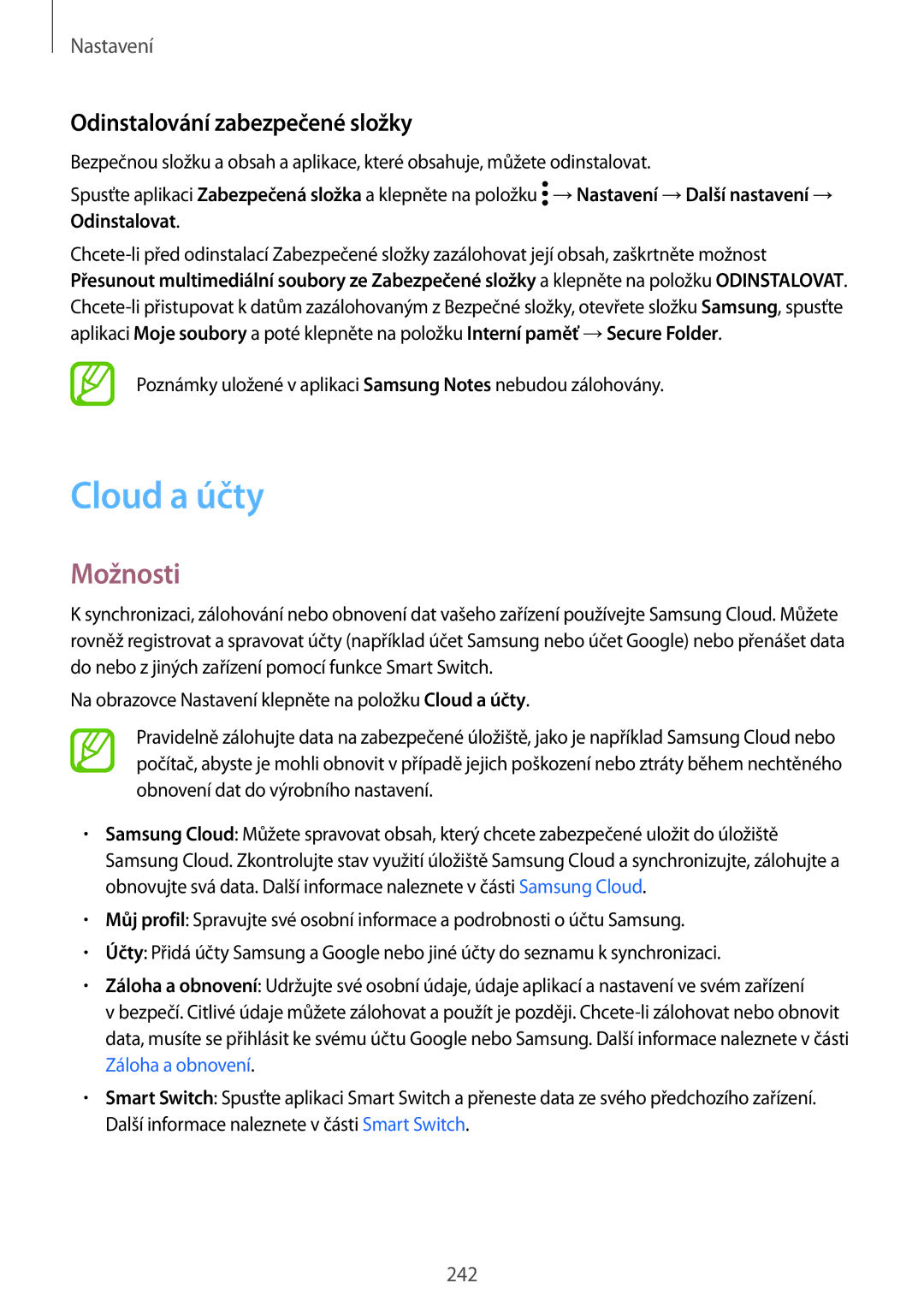 Samsung SM-N950FZDDETL, SM-N950FZKAO2C, SM-N950FZBDETL, SM-N950FZKDETL manual Cloud a účty, Odinstalování zabezpečené složky 