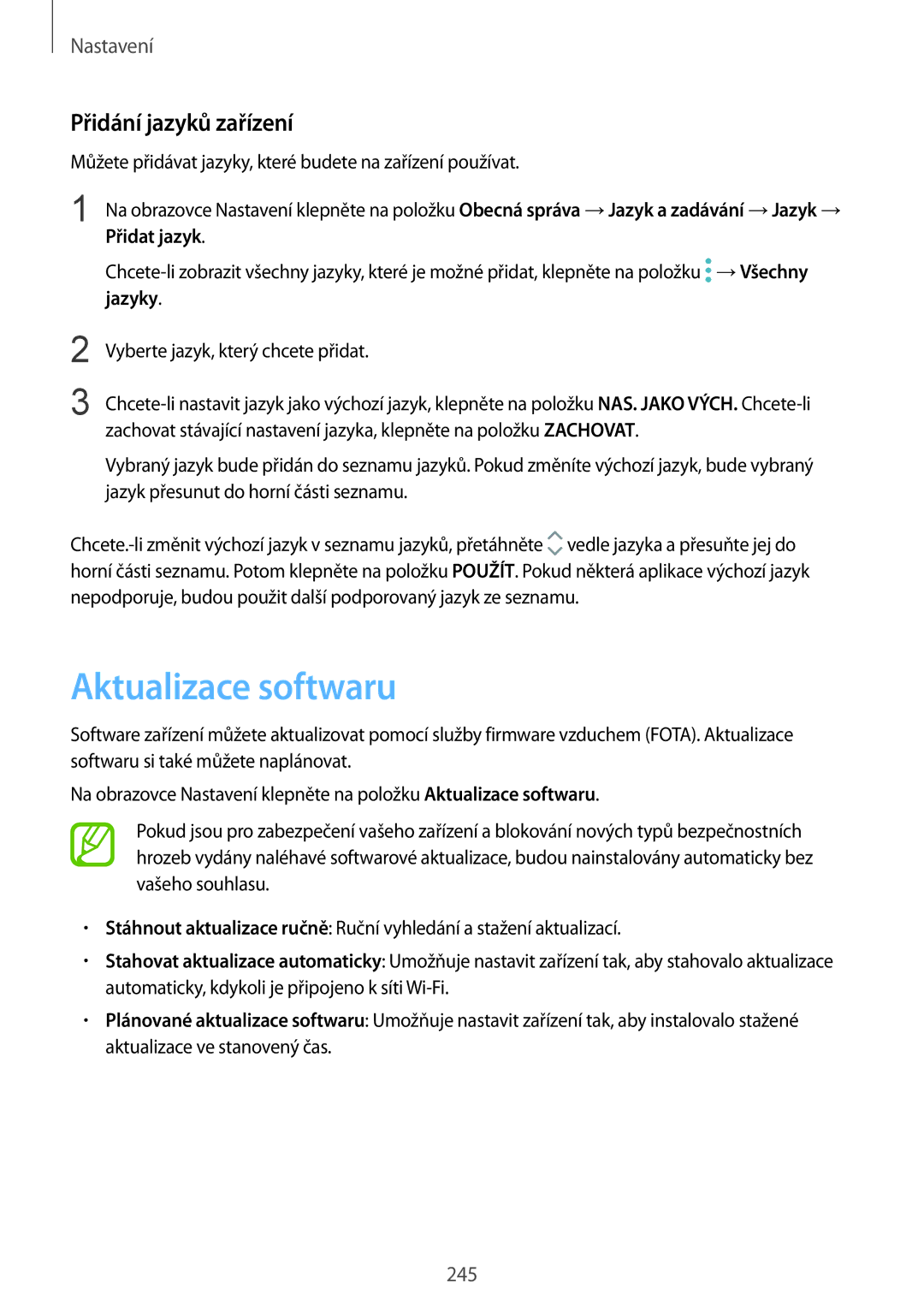 Samsung SM-N950FZBDETL, SM-N950FZKAO2C, SM-N950FZDDETL, SM-N950FZKDETL manual Aktualizace softwaru, Přidání jazyků zařízení 