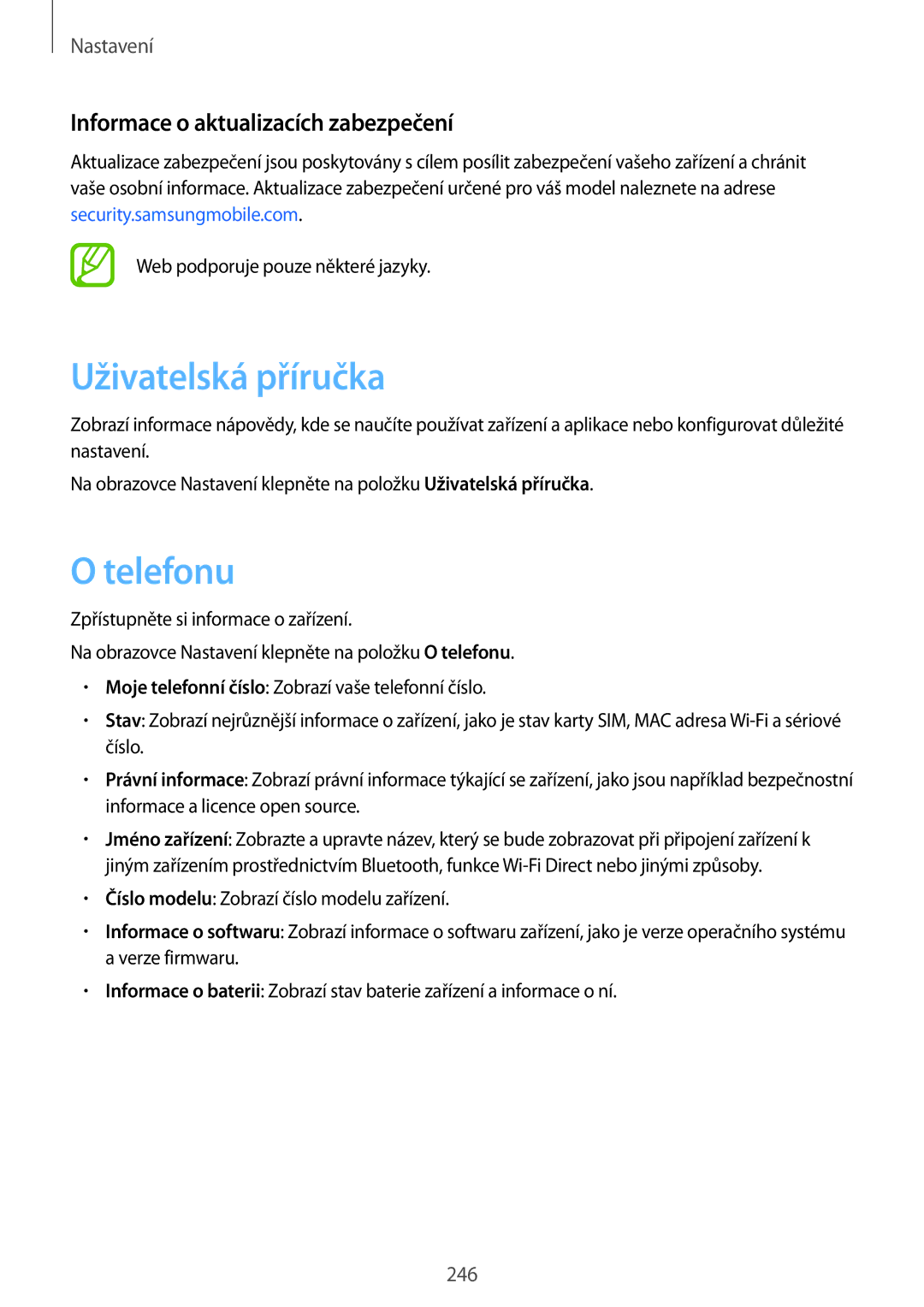 Samsung SM-N950FZDDETL, SM-N950FZKAO2C manual Uživatelská příručka, Telefonu, Informace o aktualizacích zabezpečení 