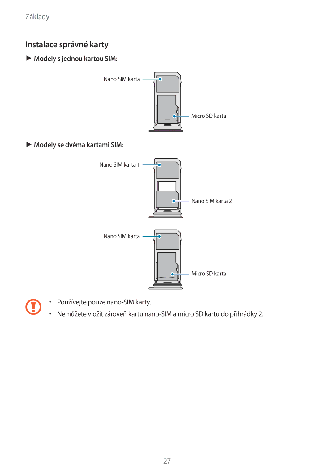 Samsung SM-N950FZKDETL, SM-N950FZKAO2C, SM-N950FZBDETL, SM-N950FZDDETL Instalace správné karty, Modely s jednou kartou SIM 