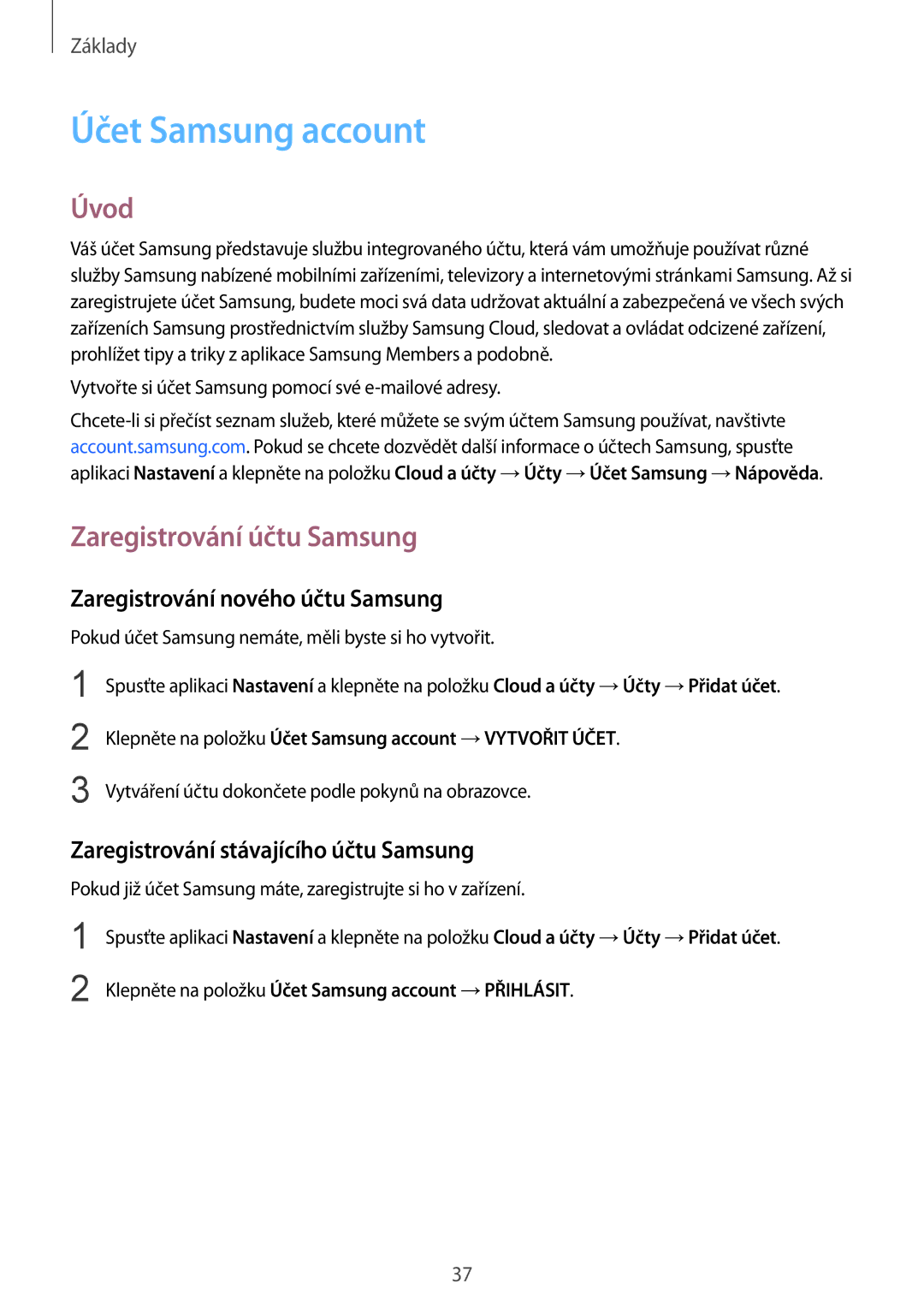 Samsung SM-N950FZBDETL manual Účet Samsung account, Úvod, Zaregistrování účtu Samsung, Zaregistrování nového účtu Samsung 