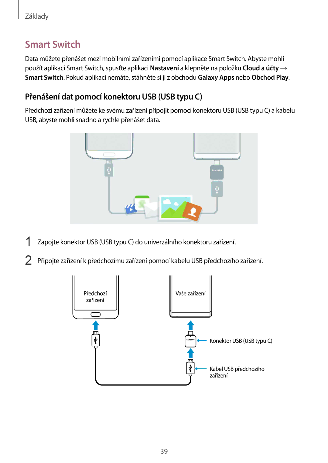 Samsung SM-N950FZKDETL, SM-N950FZKAO2C, SM-N950FZBDETL manual Smart Switch, Přenášení dat pomocí konektoru USB USB typu C 