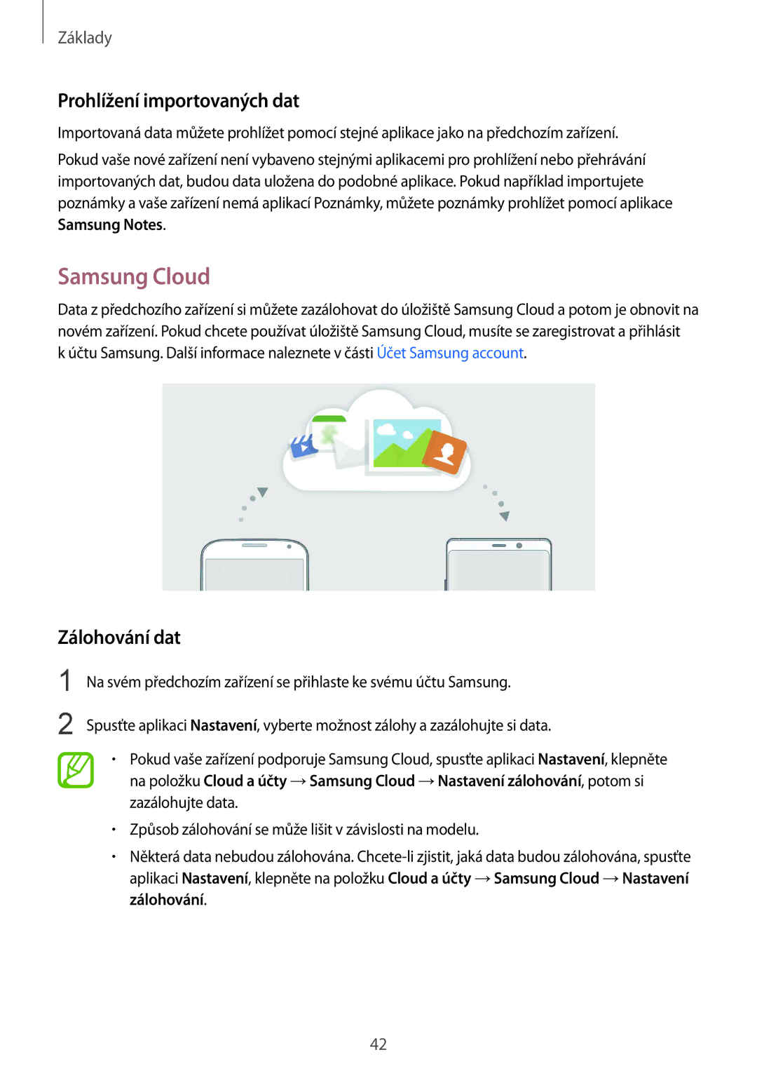 Samsung SM-N950FZDDETL, SM-N950FZKAO2C, SM-N950FZBDETL manual Samsung Cloud, Prohlížení importovaných dat, Zálohování dat 