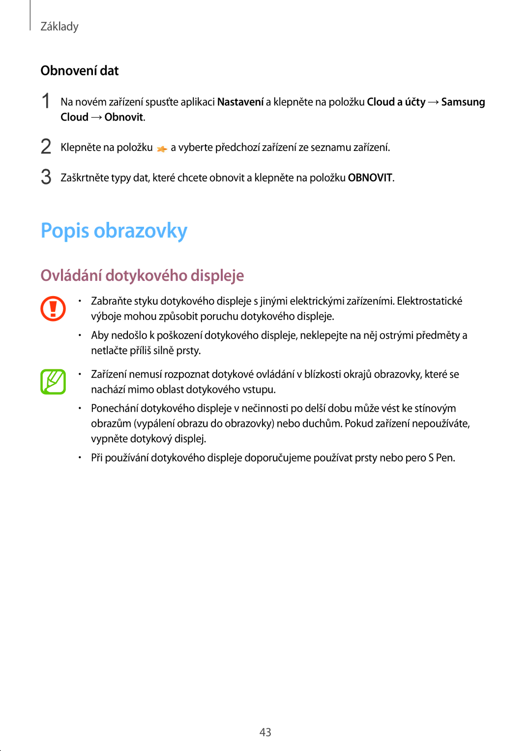 Samsung SM-N950FZKDETL, SM-N950FZKAO2C, SM-N950FZBDETL manual Popis obrazovky, Ovládání dotykového displeje, Obnovení dat 