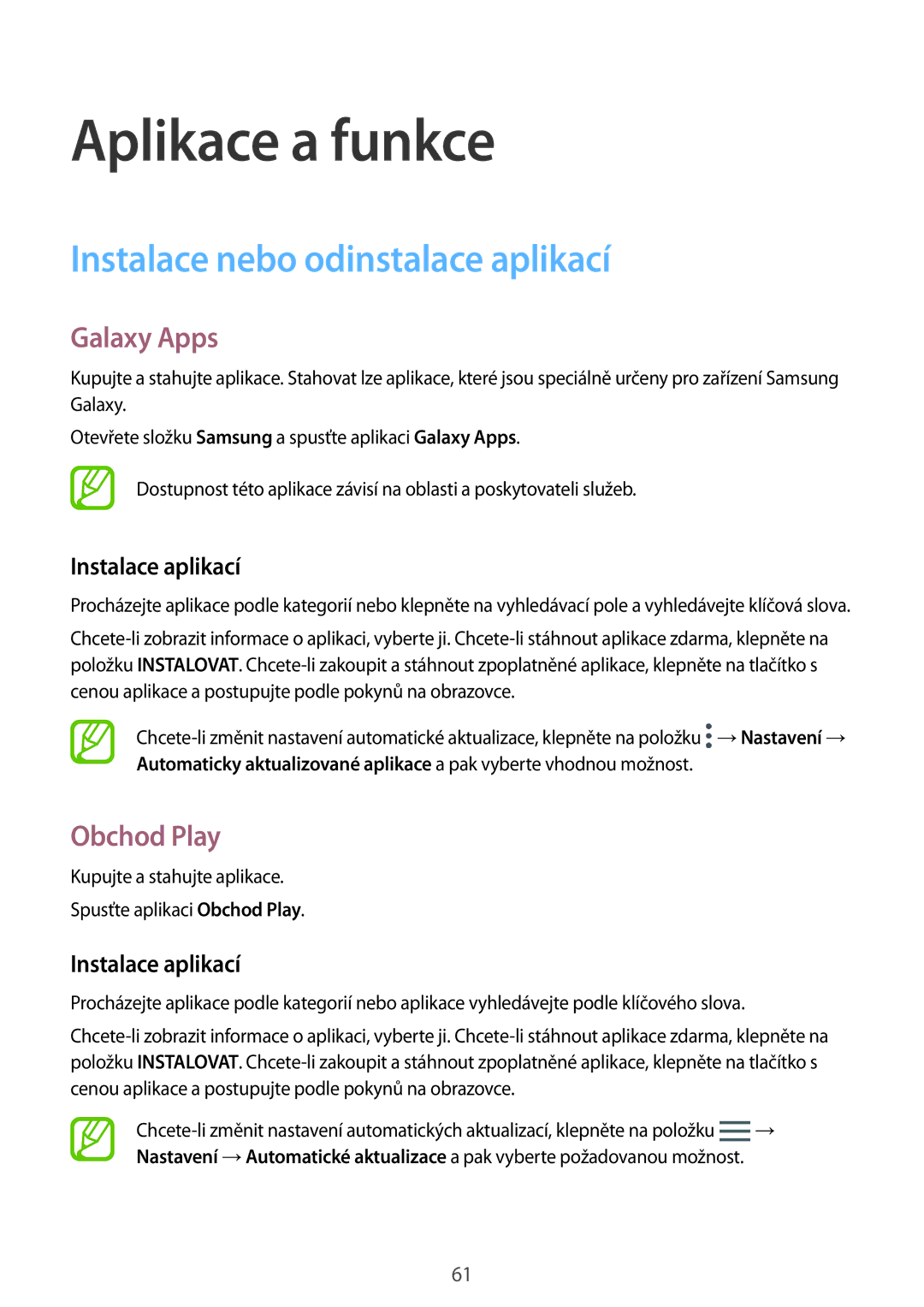 Samsung SM-N950FZBDETL, SM-N950FZKAO2C Instalace nebo odinstalace aplikací, Galaxy Apps, Obchod Play, Instalace aplikací 
