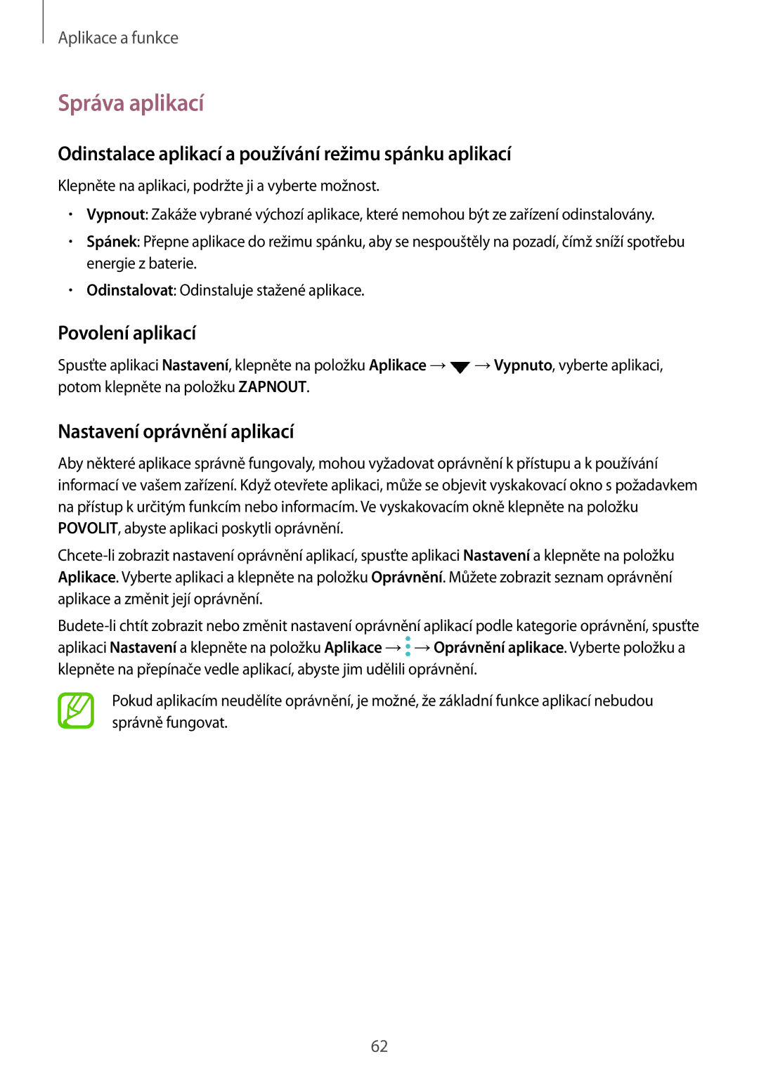 Samsung SM-N950FZDDETL manual Správa aplikací, Odinstalace aplikací a používání režimu spánku aplikací, Povolení aplikací 