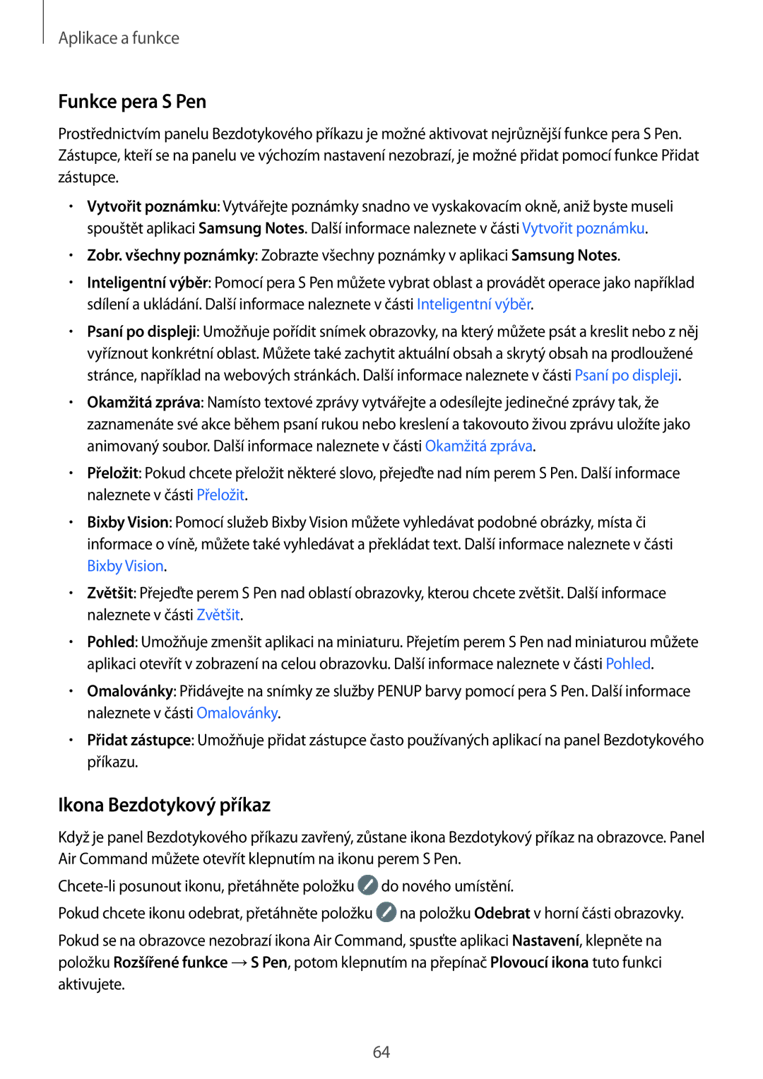 Samsung SM-N950FZKAO2C, SM-N950FZBDETL, SM-N950FZDDETL, SM-N950FZKDETL manual Funkce pera S Pen, Ikona Bezdotykový příkaz 