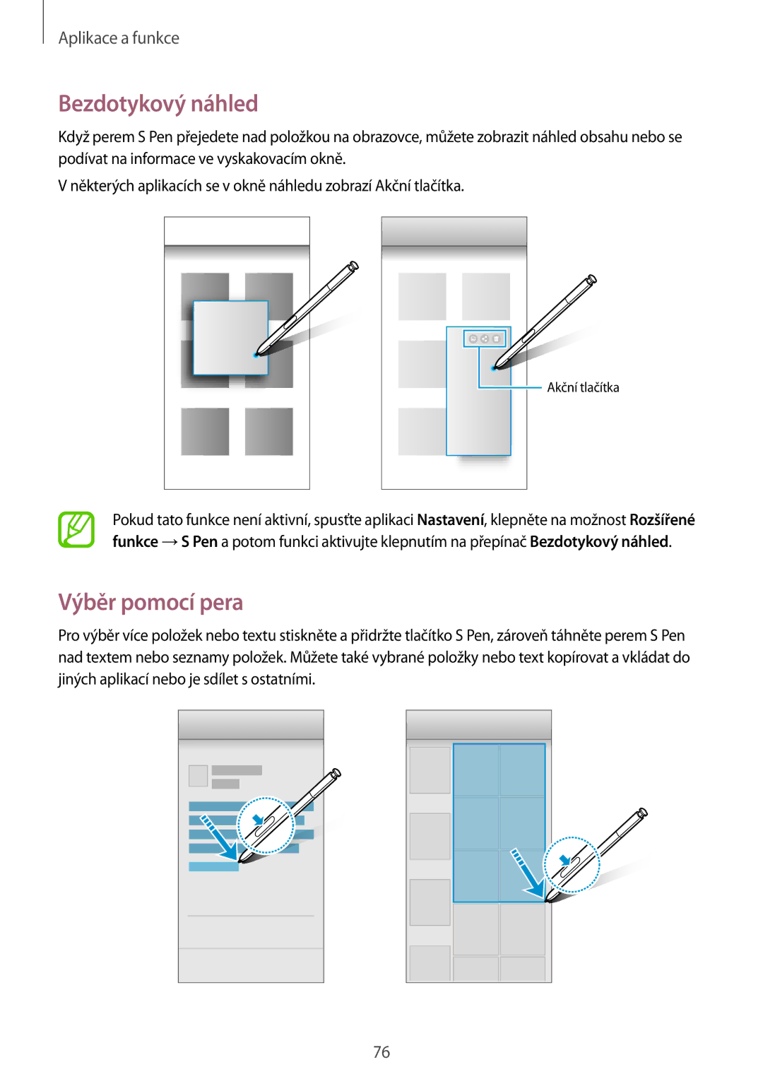 Samsung SM-N950FZKAO2C, SM-N950FZBDETL, SM-N950FZDDETL, SM-N950FZKDETL manual Bezdotykový náhled, Výběr pomocí pera 