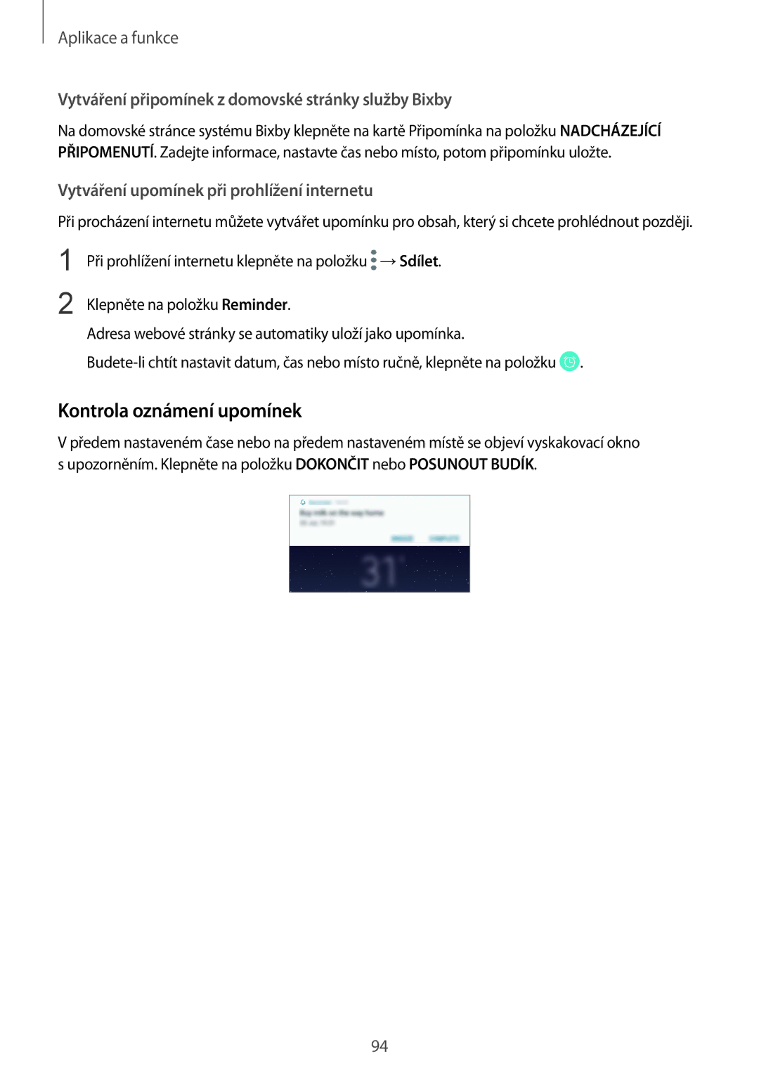 Samsung SM-N950FZDDETL, SM-N950FZKAO2C Kontrola oznámení upomínek, Vytváření připomínek z domovské stránky služby Bixby 