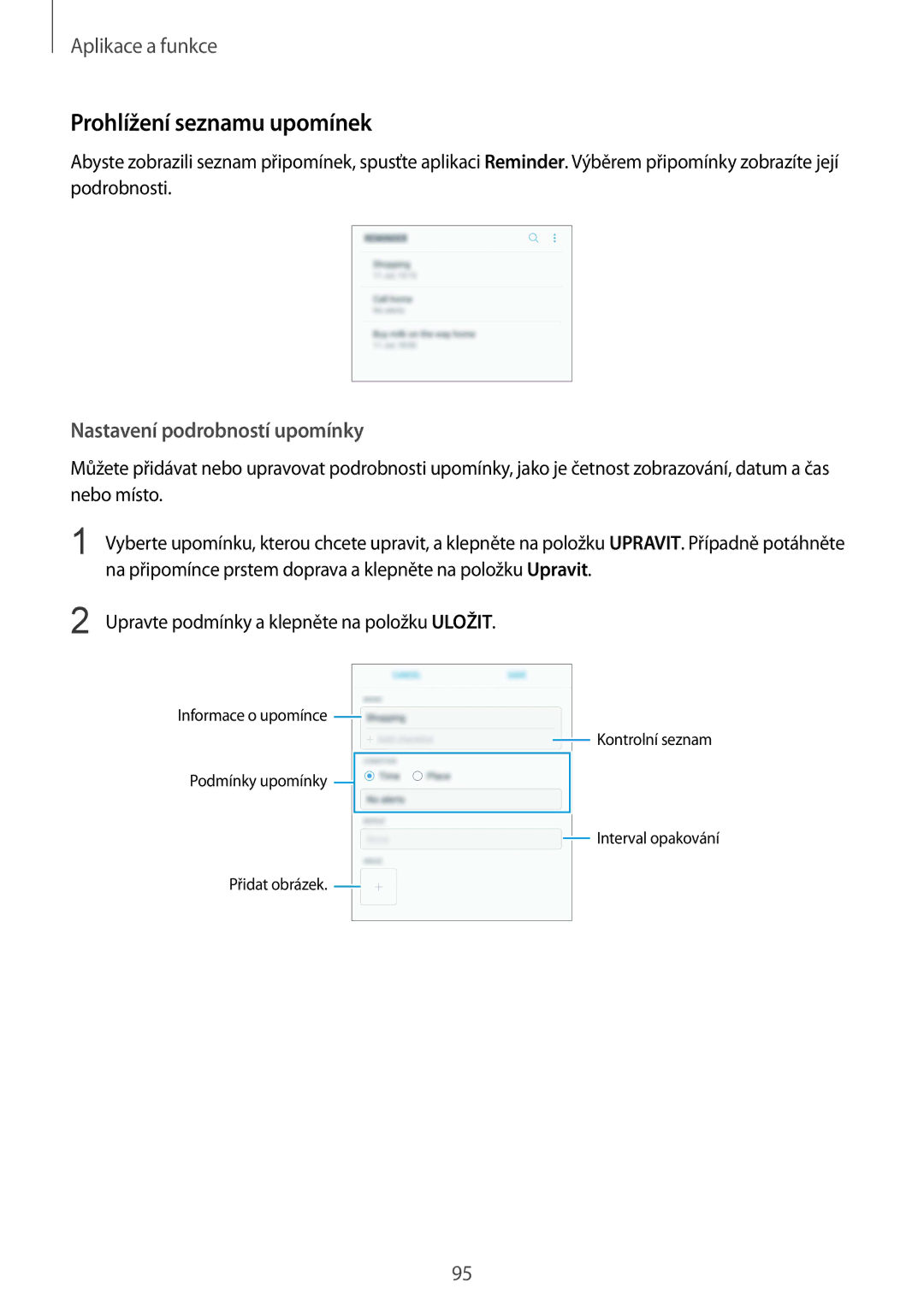Samsung SM-N950FZKDETL, SM-N950FZKAO2C, SM-N950FZBDETL manual Prohlížení seznamu upomínek, Nastavení podrobností upomínky 