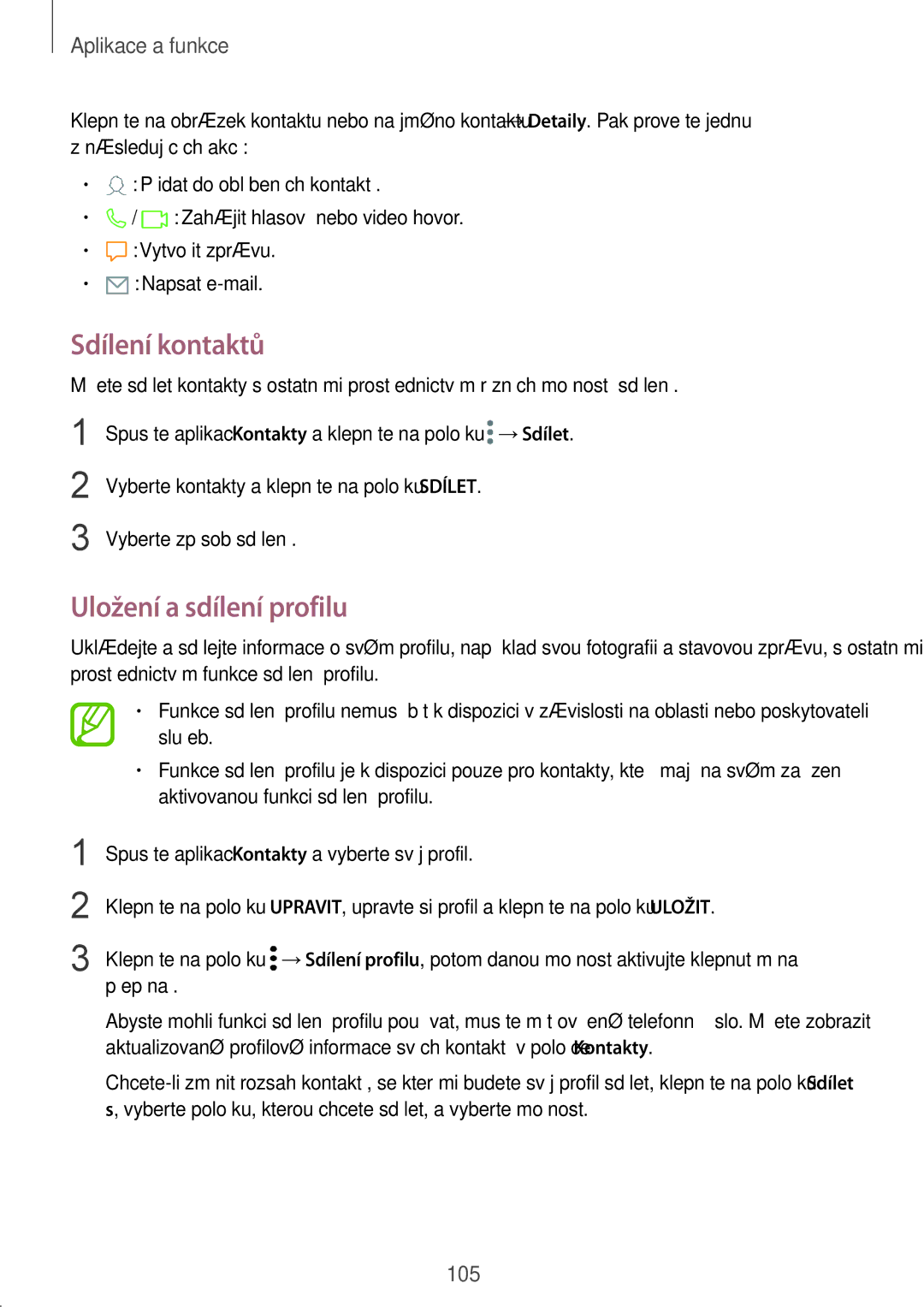 Samsung SM-N950FZBDETL, SM-N950FZKAO2C, SM-N950FZDDETL, SM-N950FZKDETL manual Sdílení kontaktů, Uložení a sdílení profilu 