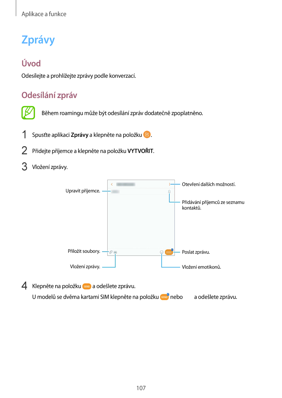 Samsung SM-N950FZKDETL, SM-N950FZKAO2C, SM-N950FZBDETL, SM-N950FZDDETL manual Zprávy, Odesílání zpráv 