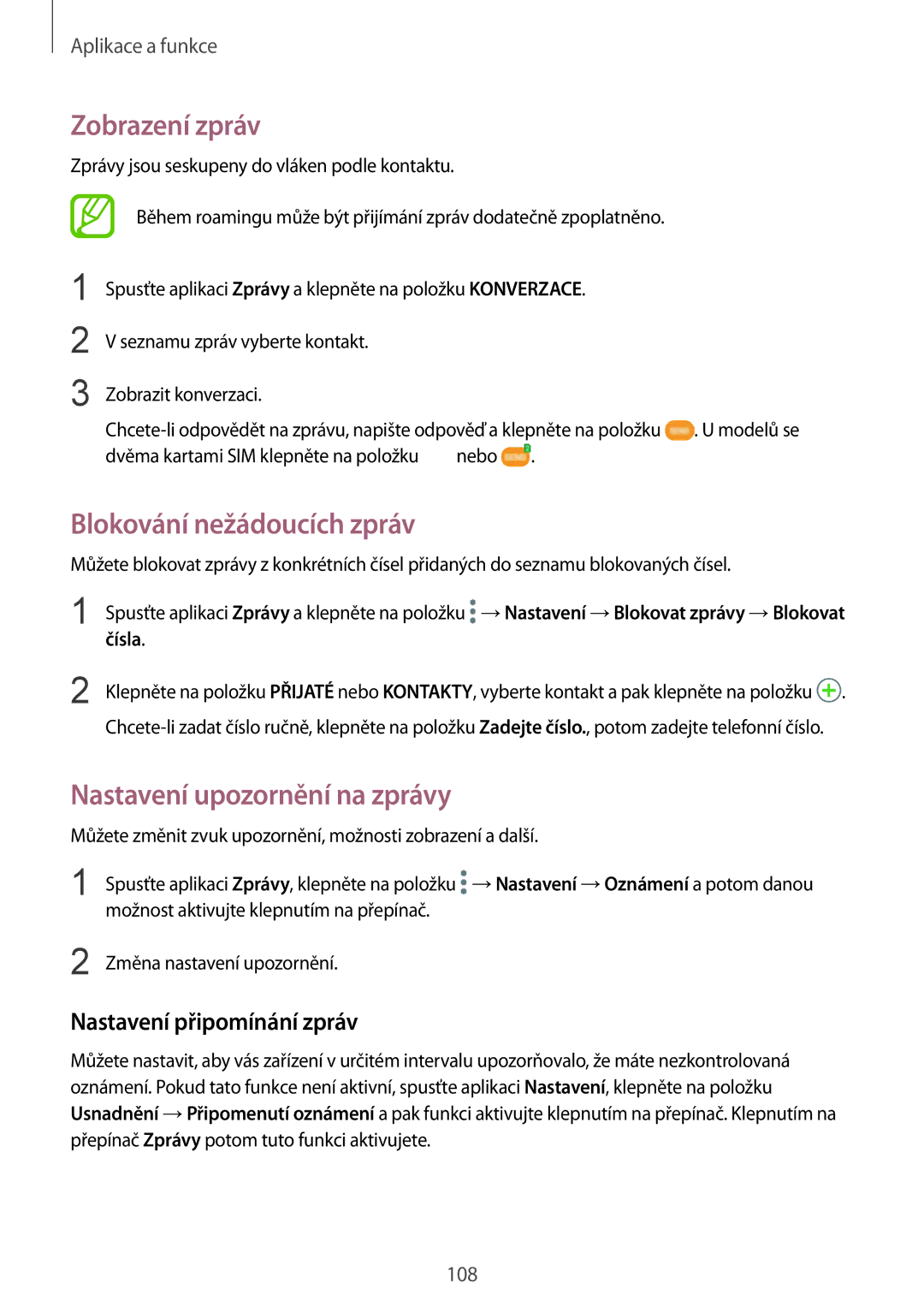 Samsung SM-N950FZKAO2C, SM-N950FZBDETL Zobrazení zpráv, Blokování nežádoucích zpráv, Nastavení upozornění na zprávy, Čísla 