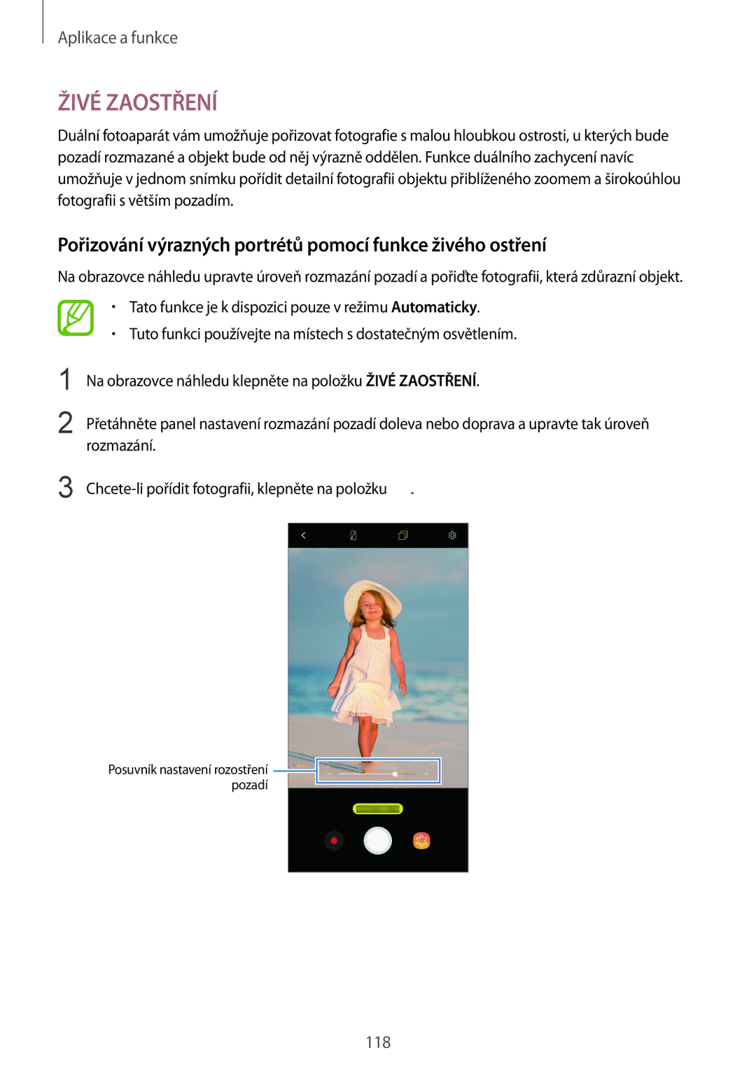 Samsung SM-N950FZDDETL, SM-N950FZKAO2C manual Živé Zaostření, Pořizování výrazných portrétů pomocí funkce živého ostření 