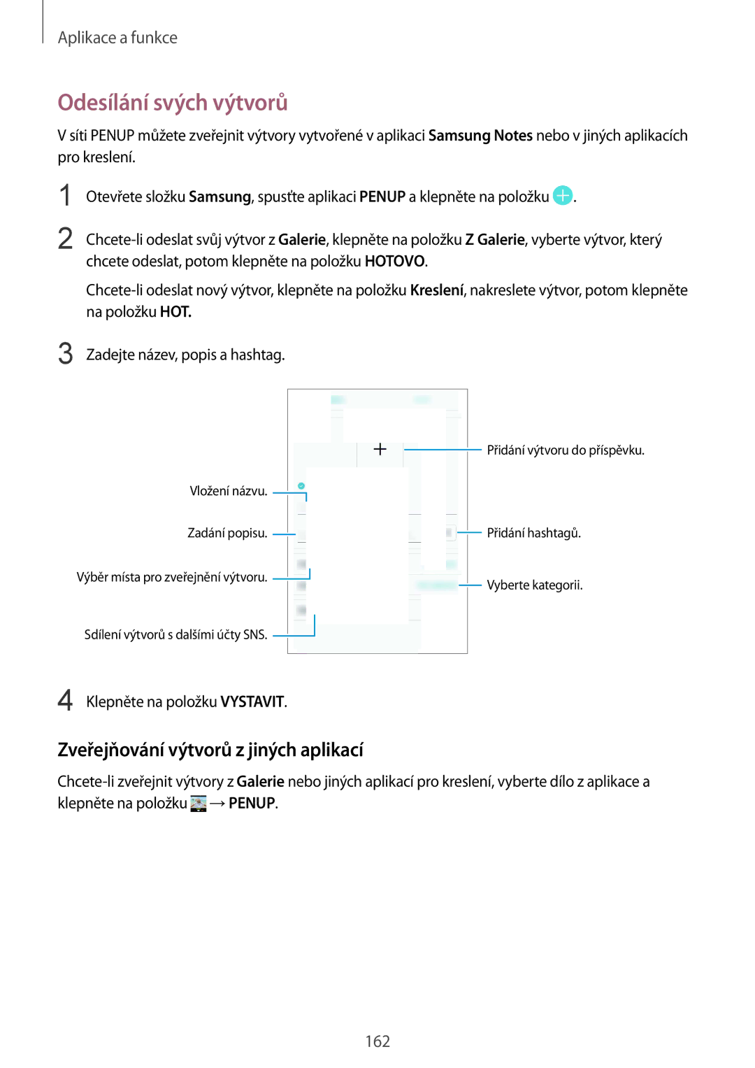 Samsung SM-N950FZDDETL, SM-N950FZKAO2C, SM-N950FZBDETL manual Odesílání svých výtvorů, Zveřejňování výtvorů z jiných aplikací 