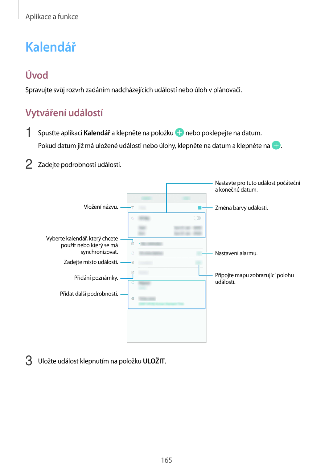 Samsung SM-N950FZBDETL, SM-N950FZKAO2C, SM-N950FZDDETL, SM-N950FZKDETL manual Kalendář, Vytváření událostí 