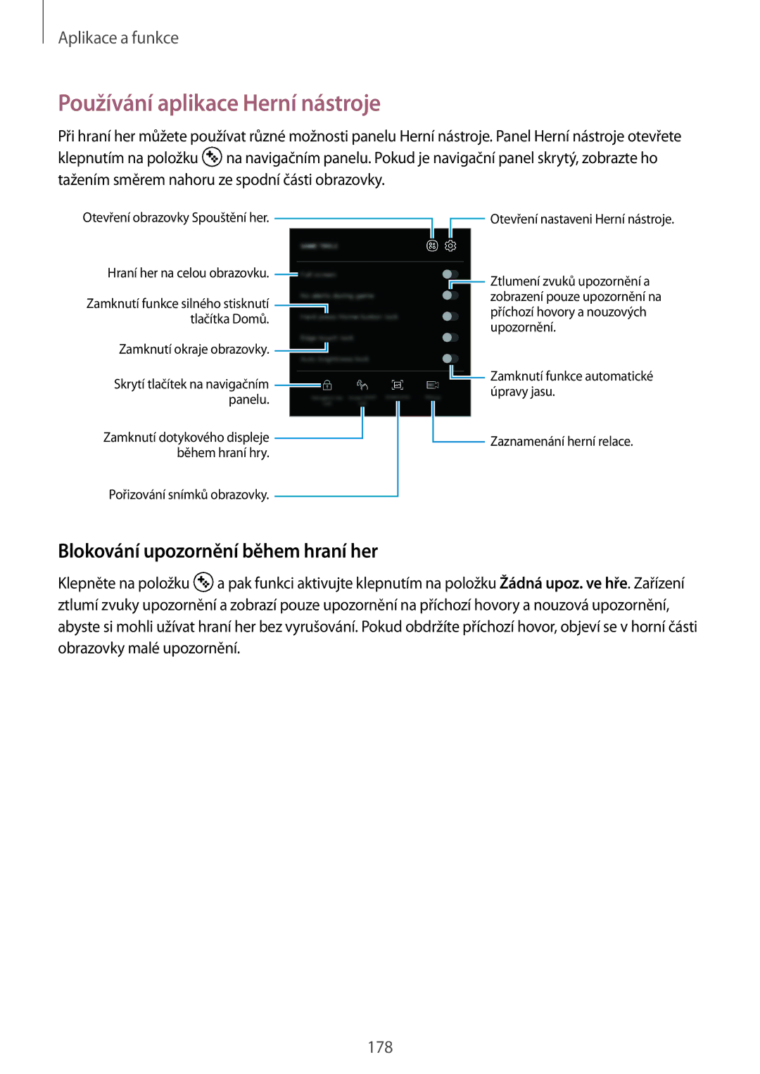 Samsung SM-N950FZDDETL, SM-N950FZKAO2C manual Používání aplikace Herní nástroje, Blokování upozornění během hraní her 