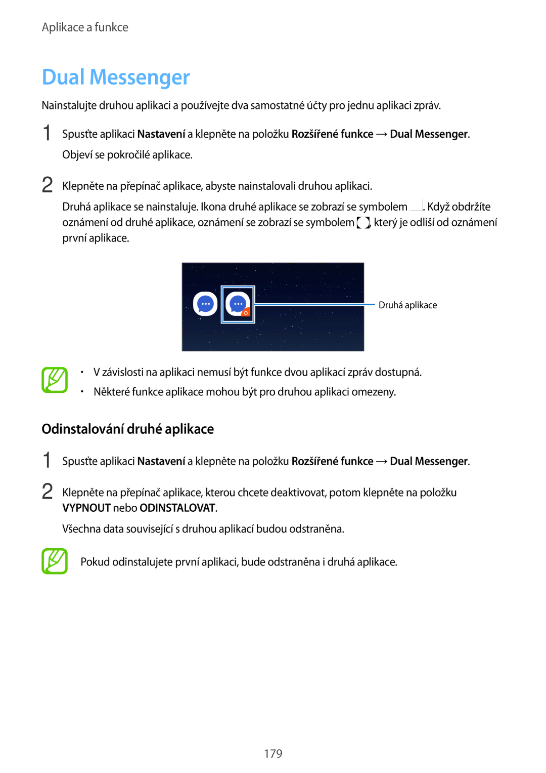 Samsung SM-N950FZKDETL, SM-N950FZKAO2C, SM-N950FZBDETL, SM-N950FZDDETL manual Dual Messenger, Odinstalování druhé aplikace 