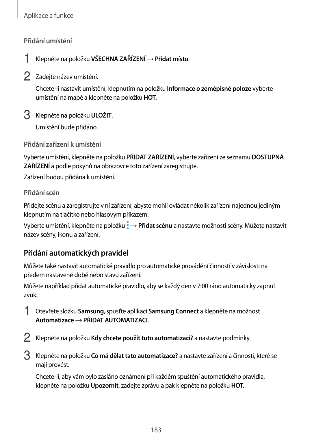 Samsung SM-N950FZKDETL manual Přidání automatických pravidel, Přidání umístění, Přidání zařízení k umístění, Přidání scén 