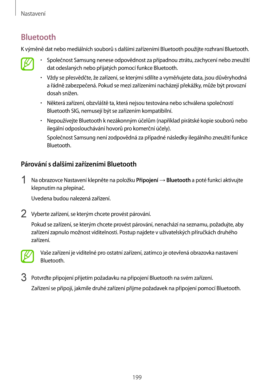 Samsung SM-N950FZKDETL, SM-N950FZKAO2C, SM-N950FZBDETL, SM-N950FZDDETL manual Párování s dalšími zařízeními Bluetooth 