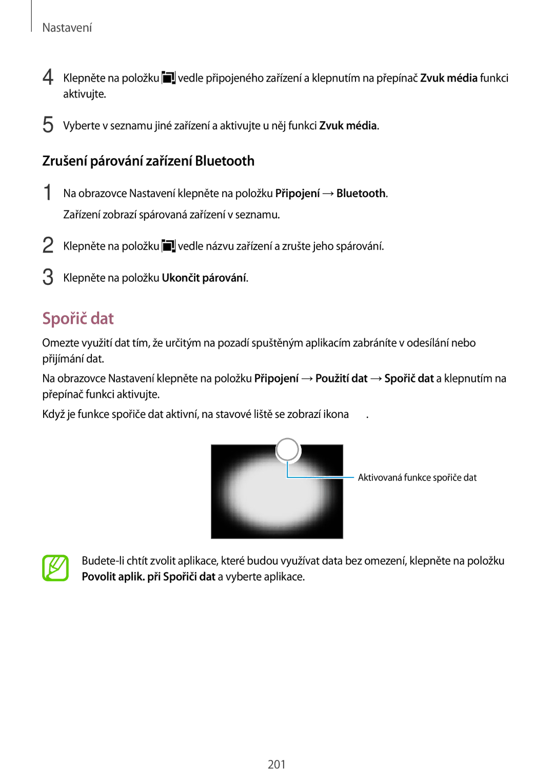 Samsung SM-N950FZBDETL, SM-N950FZKAO2C, SM-N950FZDDETL, SM-N950FZKDETL manual Spořič dat, Zrušení párování zařízení Bluetooth 