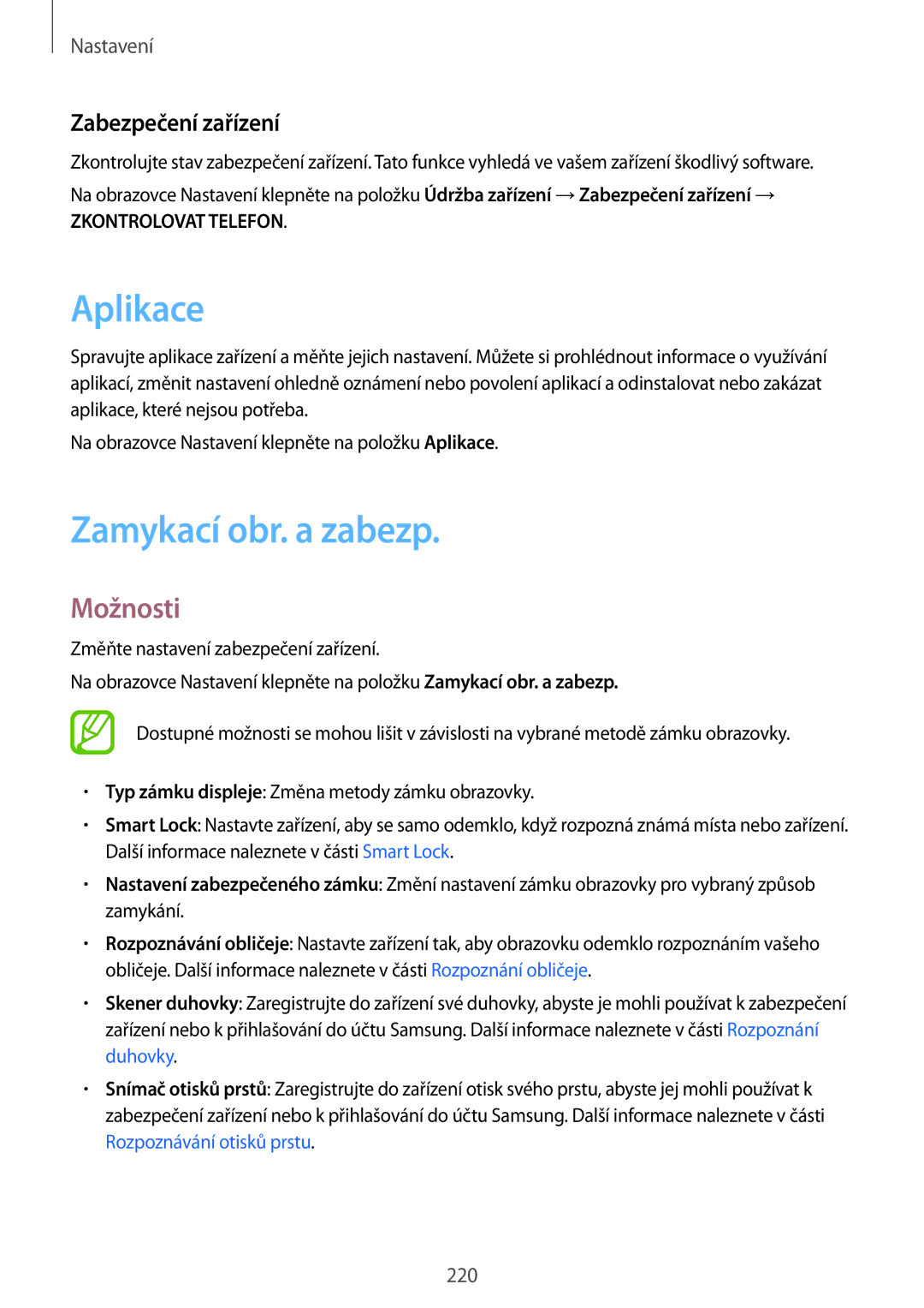 Samsung SM-N950FZKAO2C, SM-N950FZBDETL, SM-N950FZDDETL manual Aplikace, Zamykací obr. a zabezp, Zabezpečení zařízení 